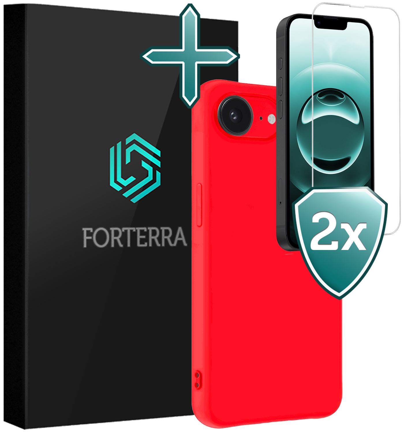 Forterra Forterra iPhone 16E Hoesje Siliconen Met 2x Screenprotector Met Dichte Notch - Rood