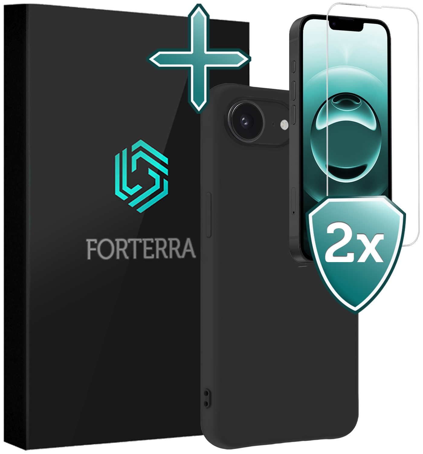 Forterra Forterra iPhone 16E Hoesje Siliconen Met 2x Screenprotector Met Dichte Notch - Zwart