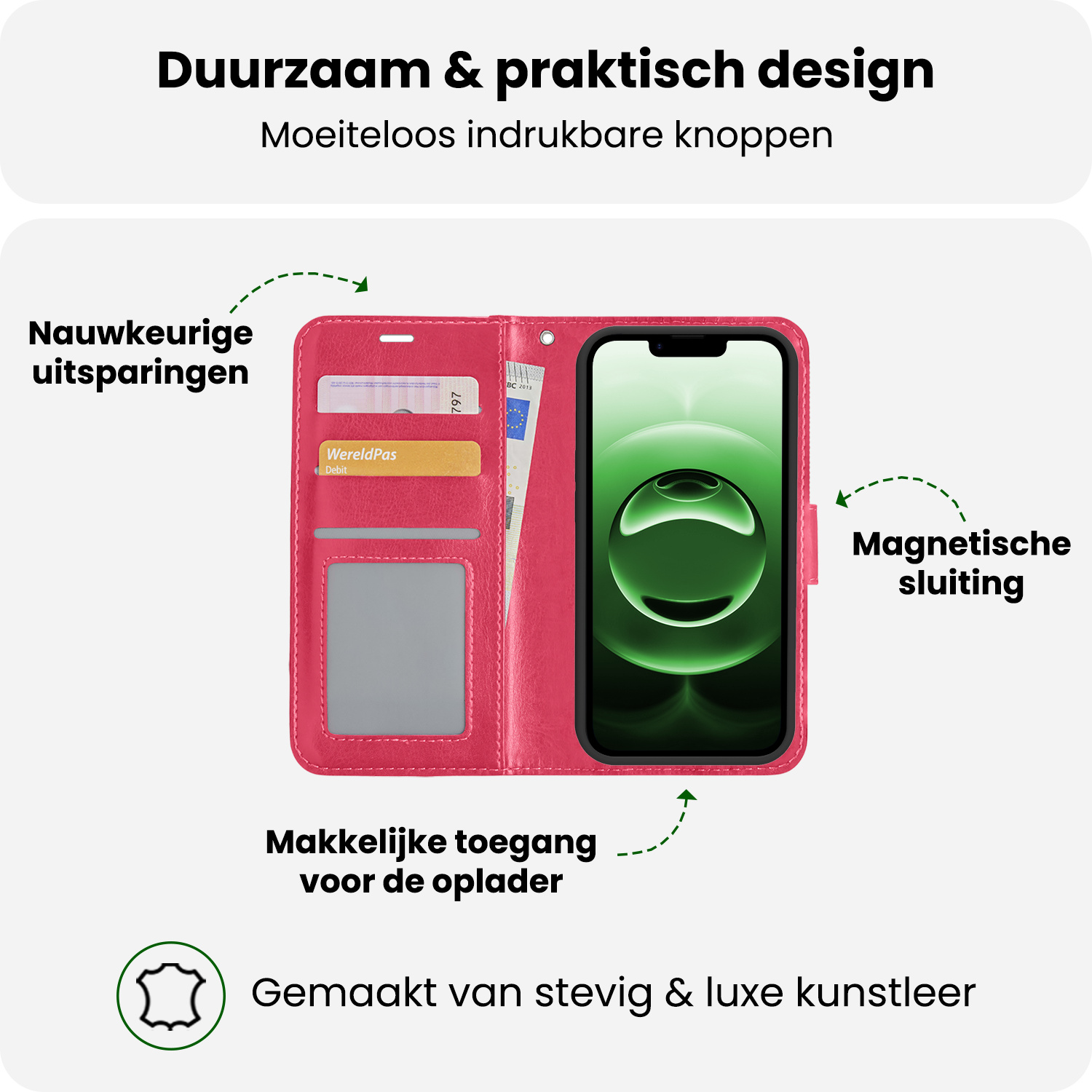 BASEY. BASEY. iPhone 16E Hoesje Bookcase Met Screenprotector - Donkerroze