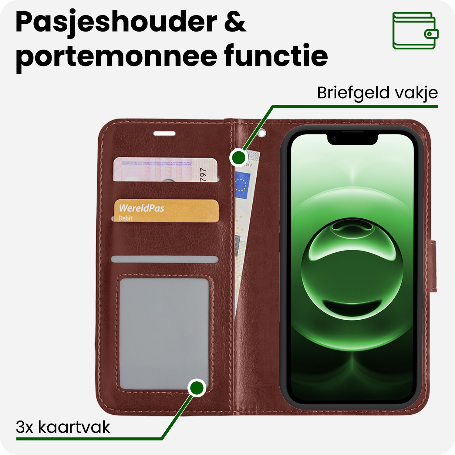BASEY. BASEY. iPhone 16E Hoesje Bookcase Met 2x Screenprotector - Bruin