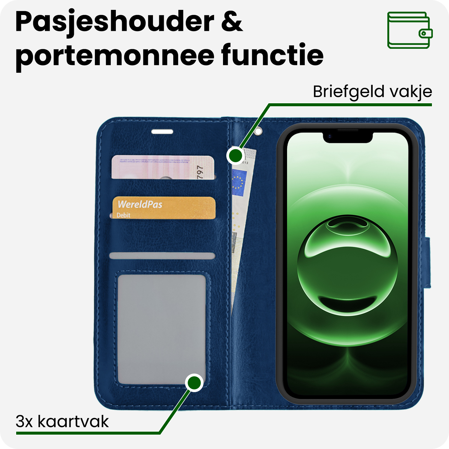 BASEY. BASEY. iPhone 16E Hoesje Bookcase Met 2x Screenprotector - Donkerblauw