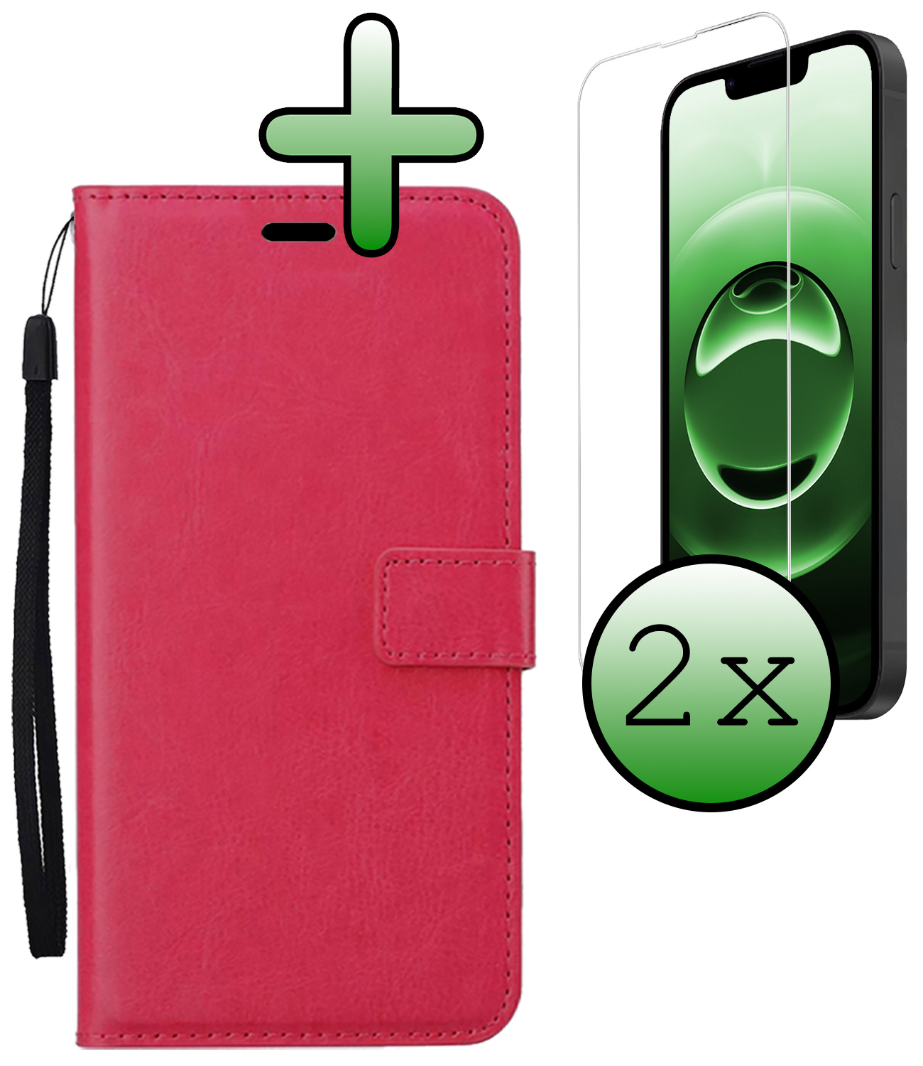 BASEY. BASEY. iPhone 16E Hoesje Bookcase Met 2x Screenprotector - Donkerroze