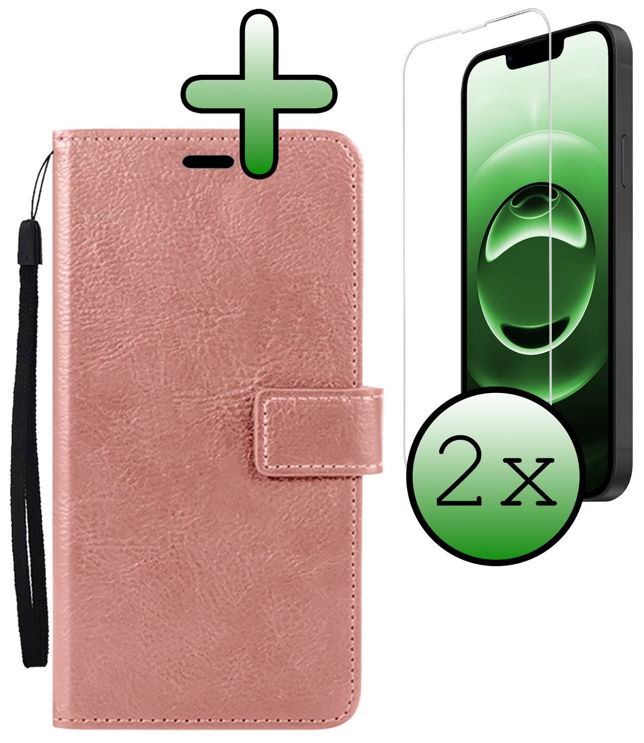 BASEY. BASEY. iPhone 16E Hoesje Bookcase Met 2x Screenprotector - Rose Goud