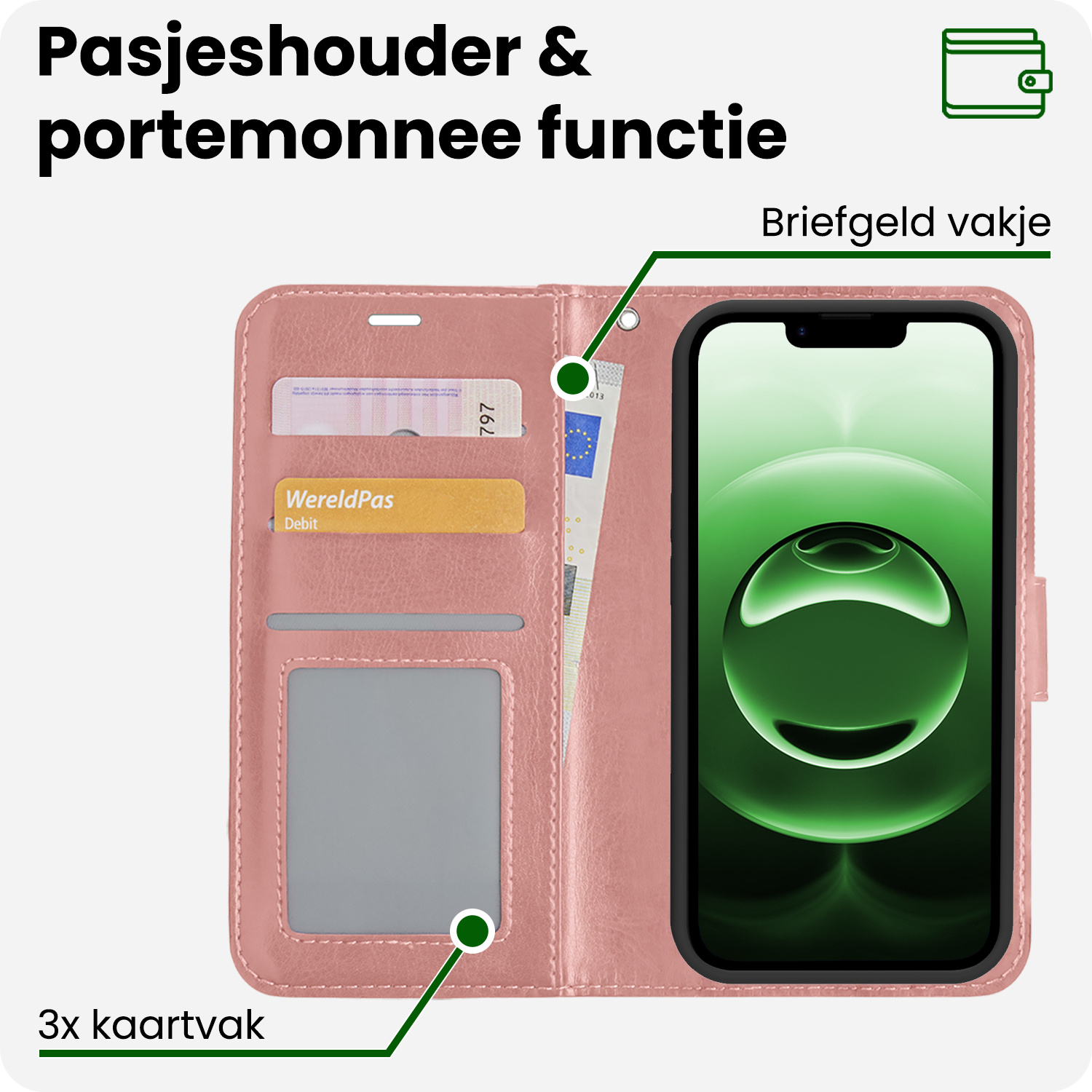 BASEY. BASEY. iPhone 16E Hoesje Bookcase Met 2x Screenprotector - Rose Goud