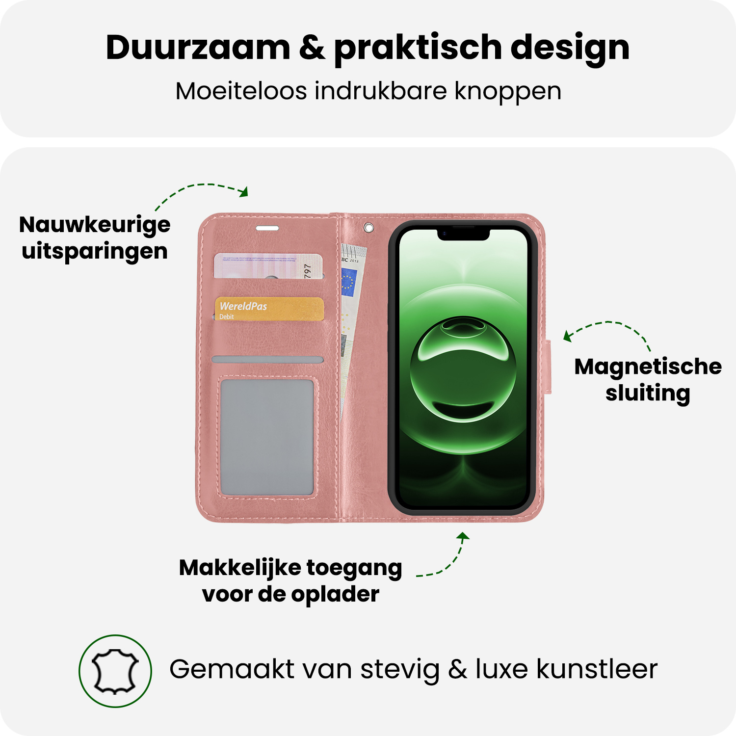 BASEY. BASEY. iPhone 16E Hoesje Bookcase Met 2x Screenprotector - Rose Goud