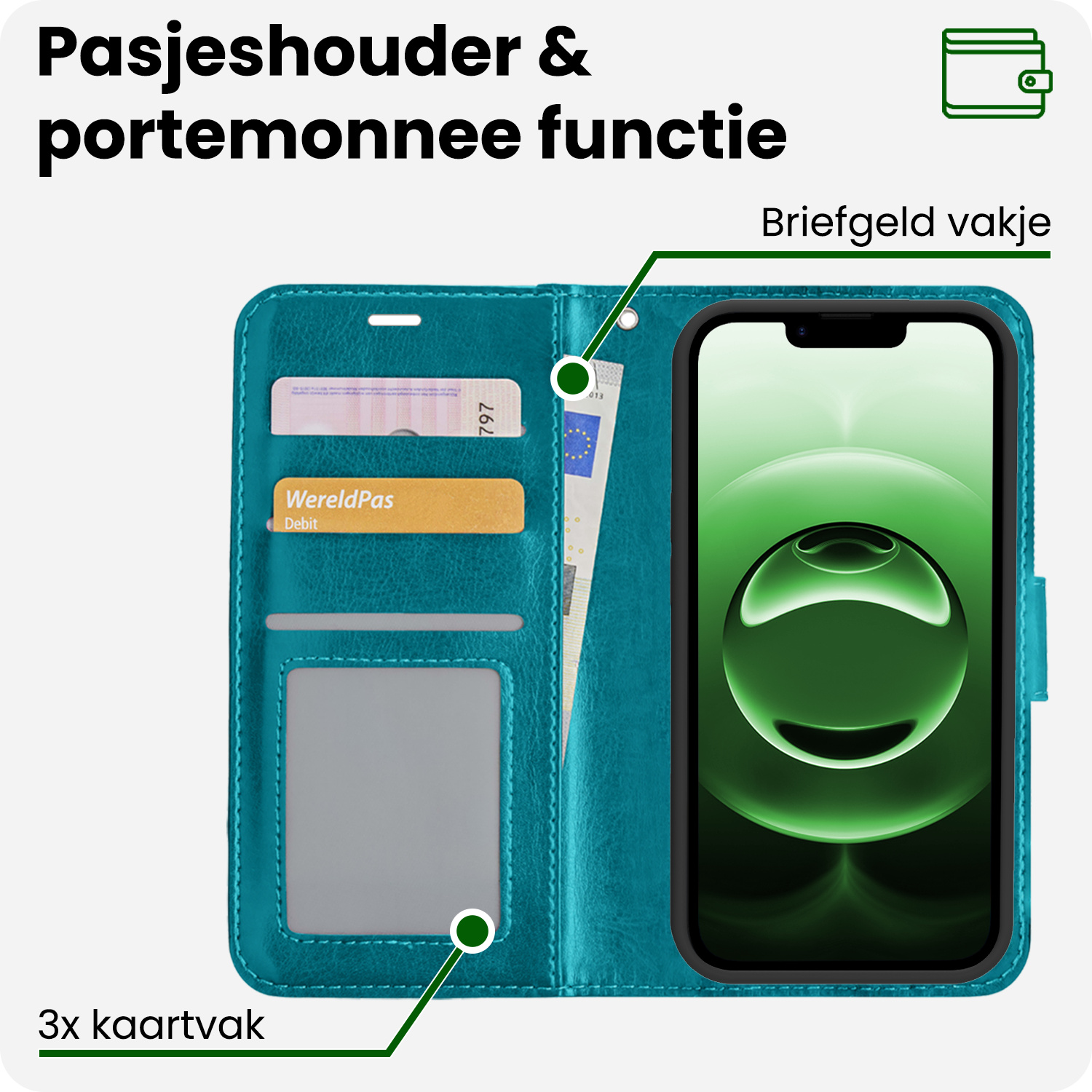 BASEY. BASEY. iPhone 16E Hoesje Bookcase Met 2x Screenprotector - Turquoise