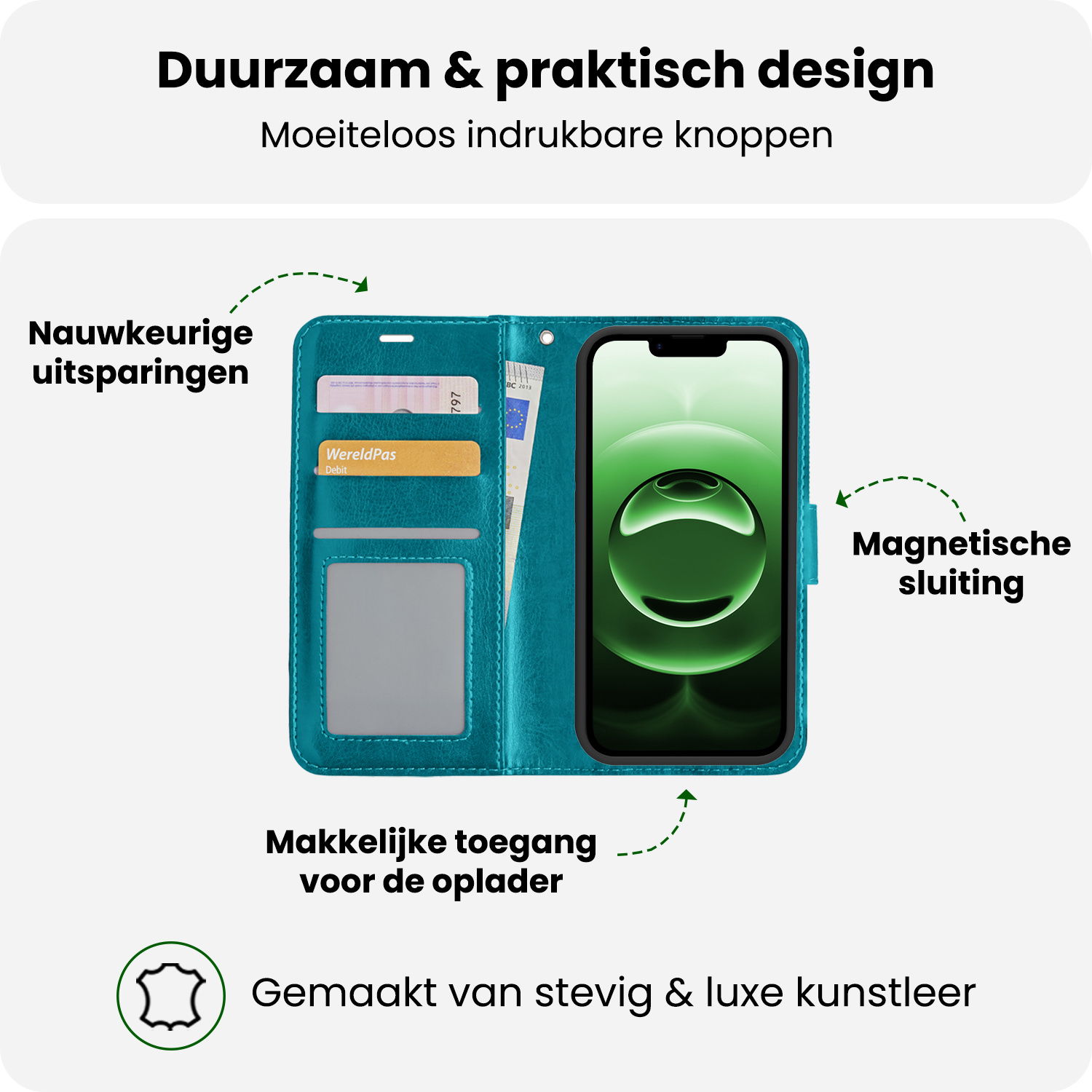 BASEY. BASEY. iPhone 16E Hoesje Bookcase Met 2x Screenprotector - Turquoise