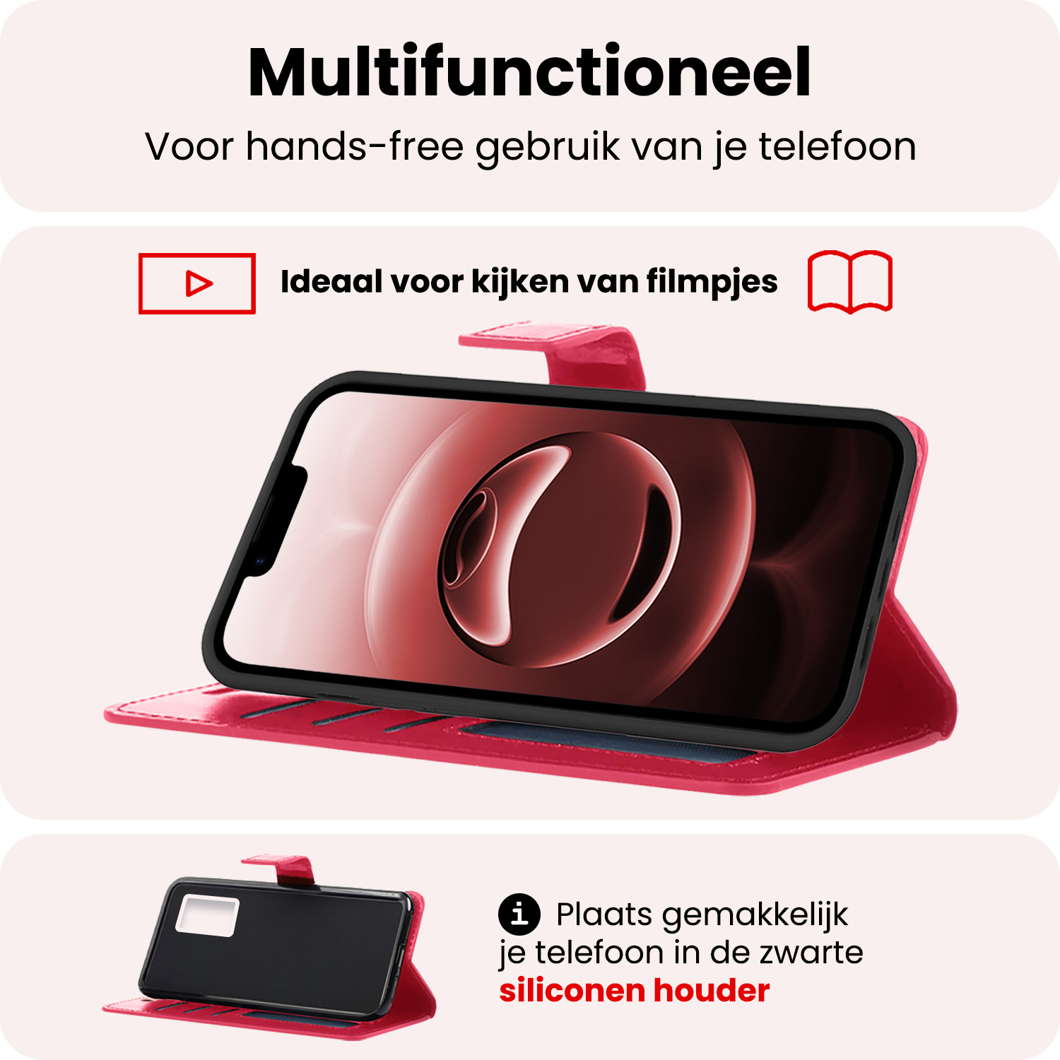 NoXx NoXx iPhone 16E Hoesje Bookcase Met Screenprotector - Donkerroze