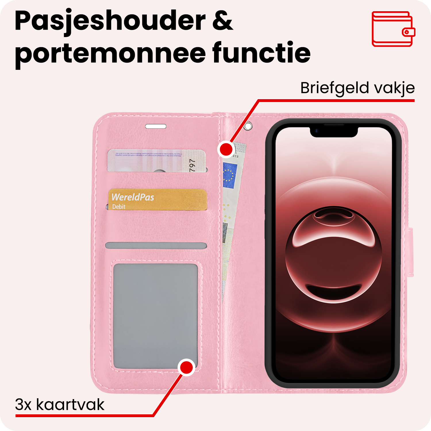 NoXx NoXx iPhone 16E Hoesje Bookcase Met Screenprotector - Lichtroze