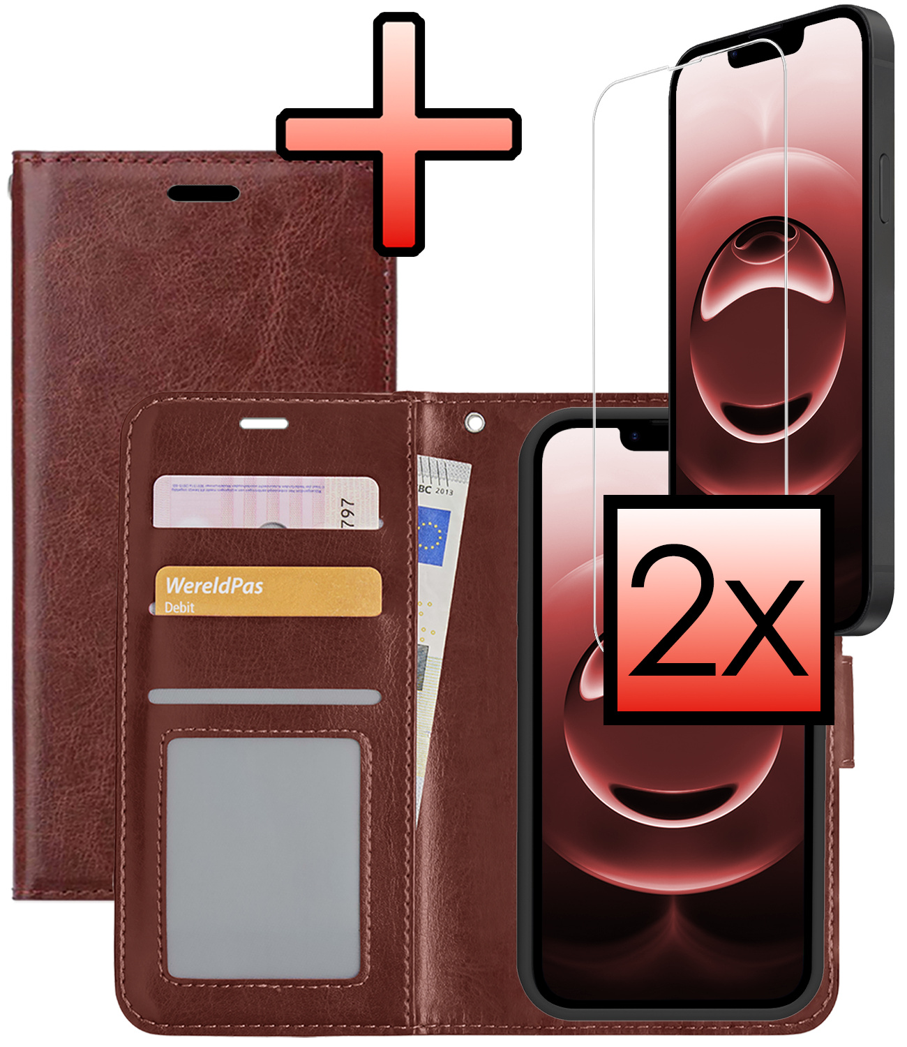 NoXx NoXx iPhone 16E Hoesje Bookcase Met 2x Screenprotector - Bruin