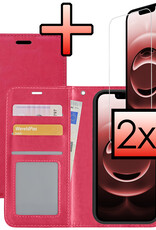 NoXx NoXx iPhone 16E Hoesje Bookcase Met 2x Screenprotector - Donkerroze