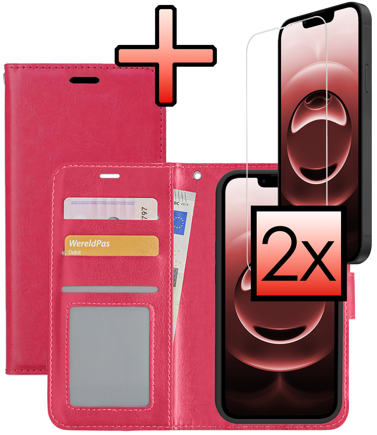 NoXx NoXx iPhone 16E Hoesje Bookcase Met 2x Screenprotector - Donkerroze