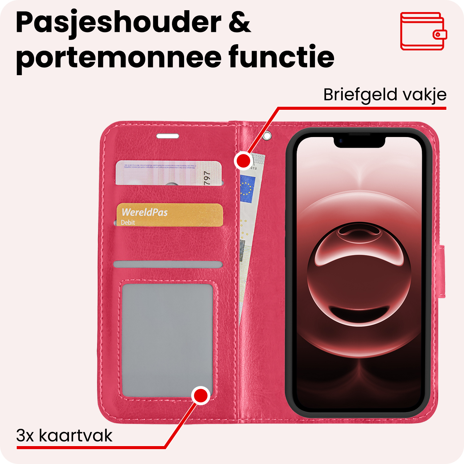 NoXx NoXx iPhone 16E Hoesje Bookcase Met 2x Screenprotector - Donkerroze