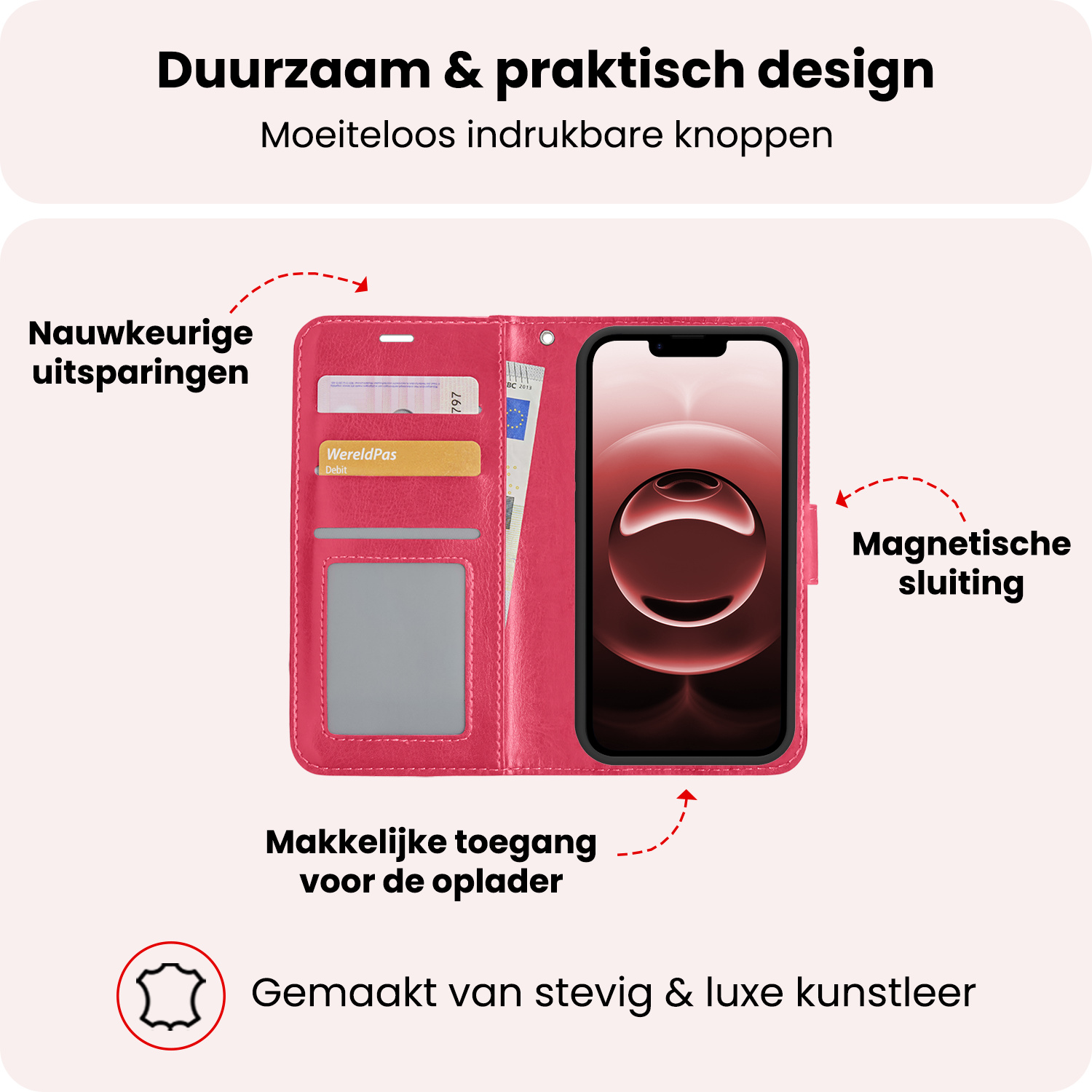 NoXx NoXx iPhone 16E Hoesje Bookcase Met 2x Screenprotector - Donkerroze