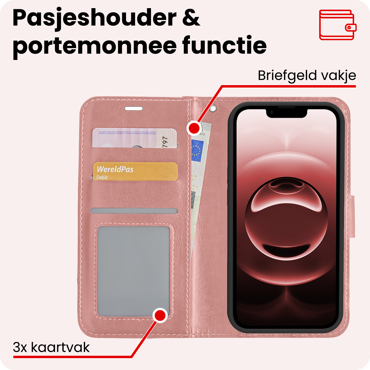 NoXx NoXx iPhone 16E Hoesje Bookcase Met 2x Screenprotector - Rose Goud
