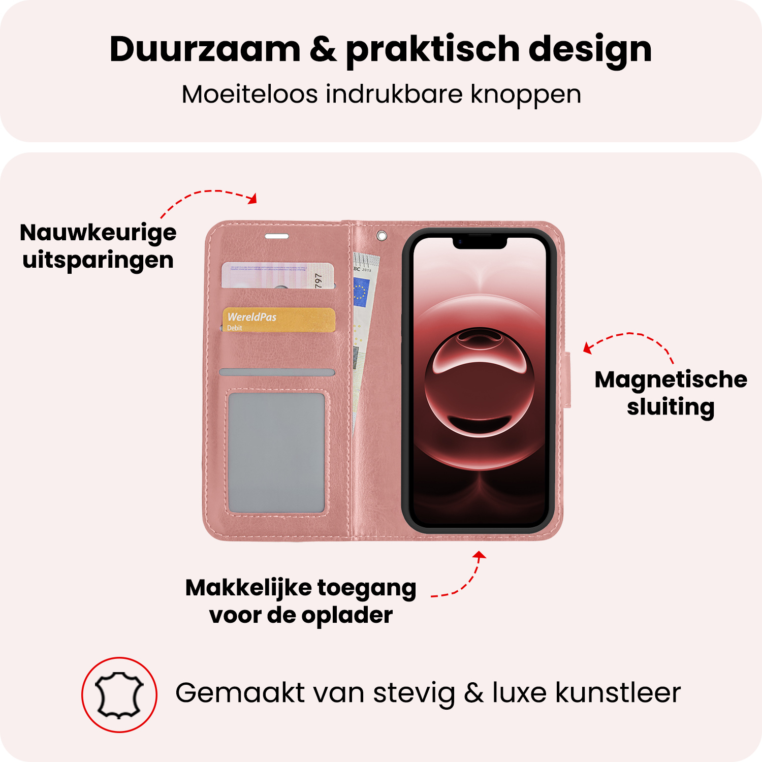 NoXx NoXx iPhone 16E Hoesje Bookcase Met 2x Screenprotector - Rose Goud