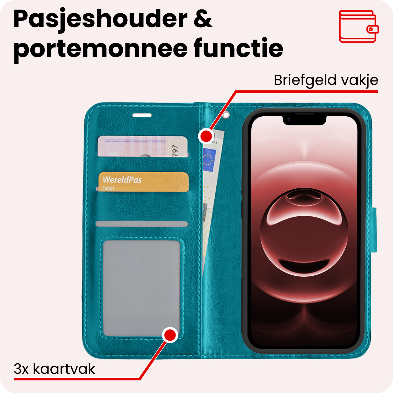 NoXx NoXx iPhone 16E Hoesje Bookcase Met 2x Screenprotector - Turquoise