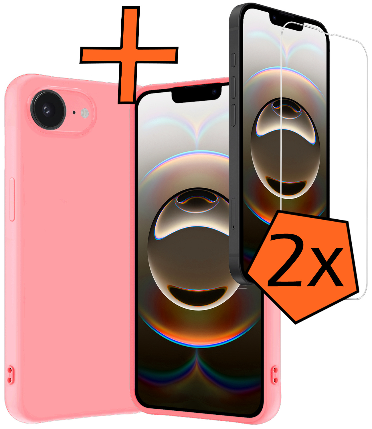 Nomfy Nomfy iPhone 16E Hoesje Siliconen Met 2x Screenprotector Met Dichte Notch - Lichtroze