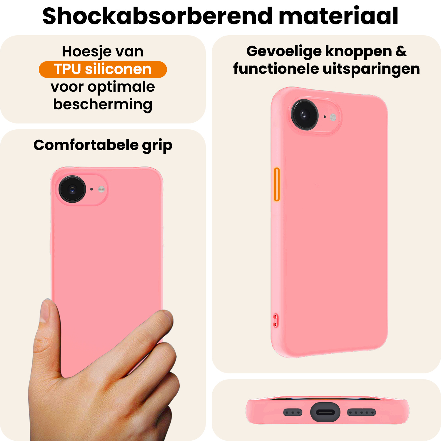 Nomfy Nomfy iPhone 16E Hoesje Siliconen Met 2x Screenprotector Met Dichte Notch - Lichtroze