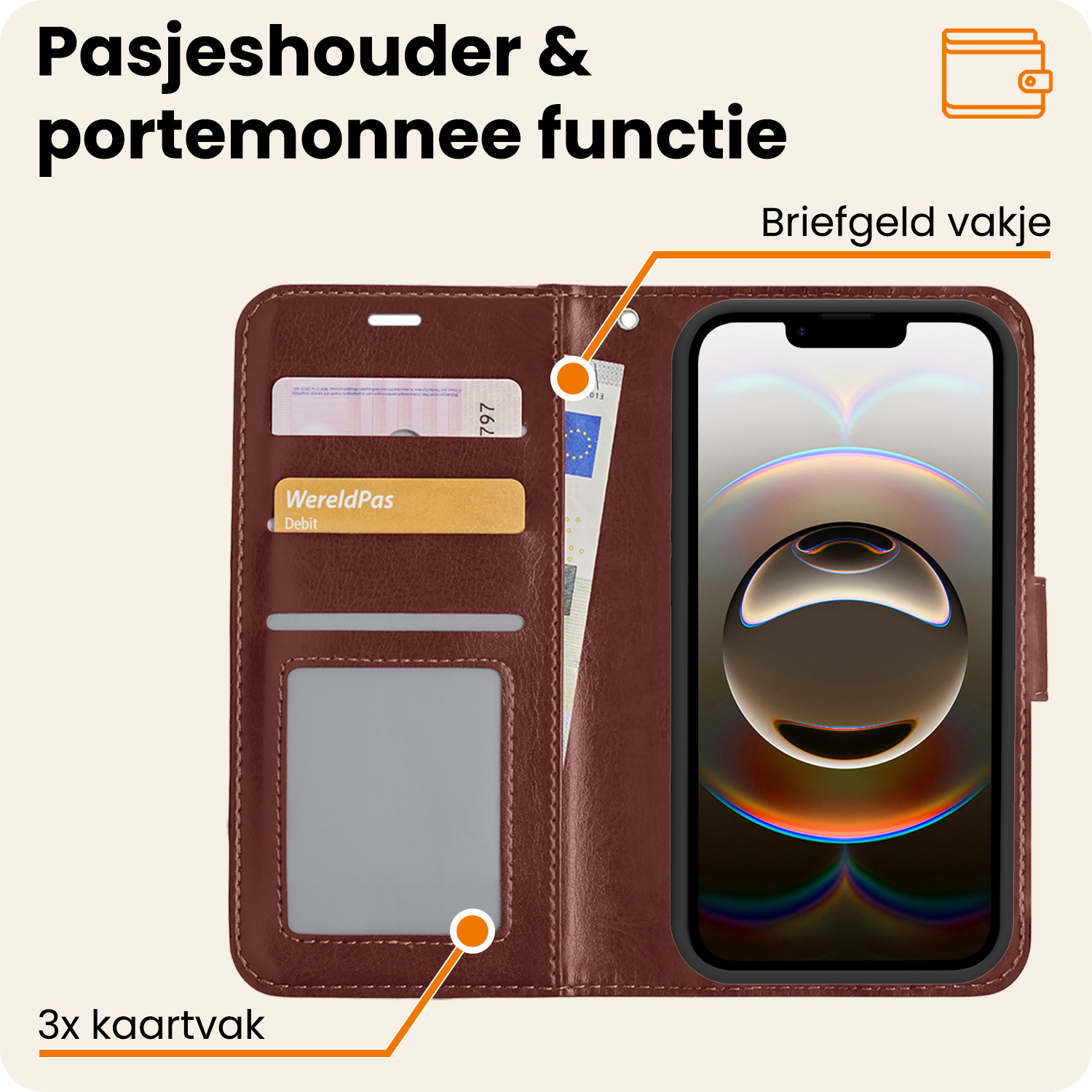 Nomfy Nomfy iPhone 16E Hoesje Bookcase Met Screenprotector - Bruin