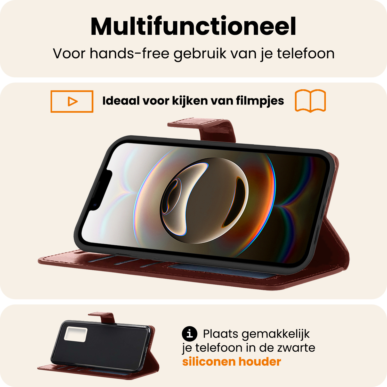 Nomfy Nomfy iPhone 16E Hoesje Bookcase Met Screenprotector - Bruin