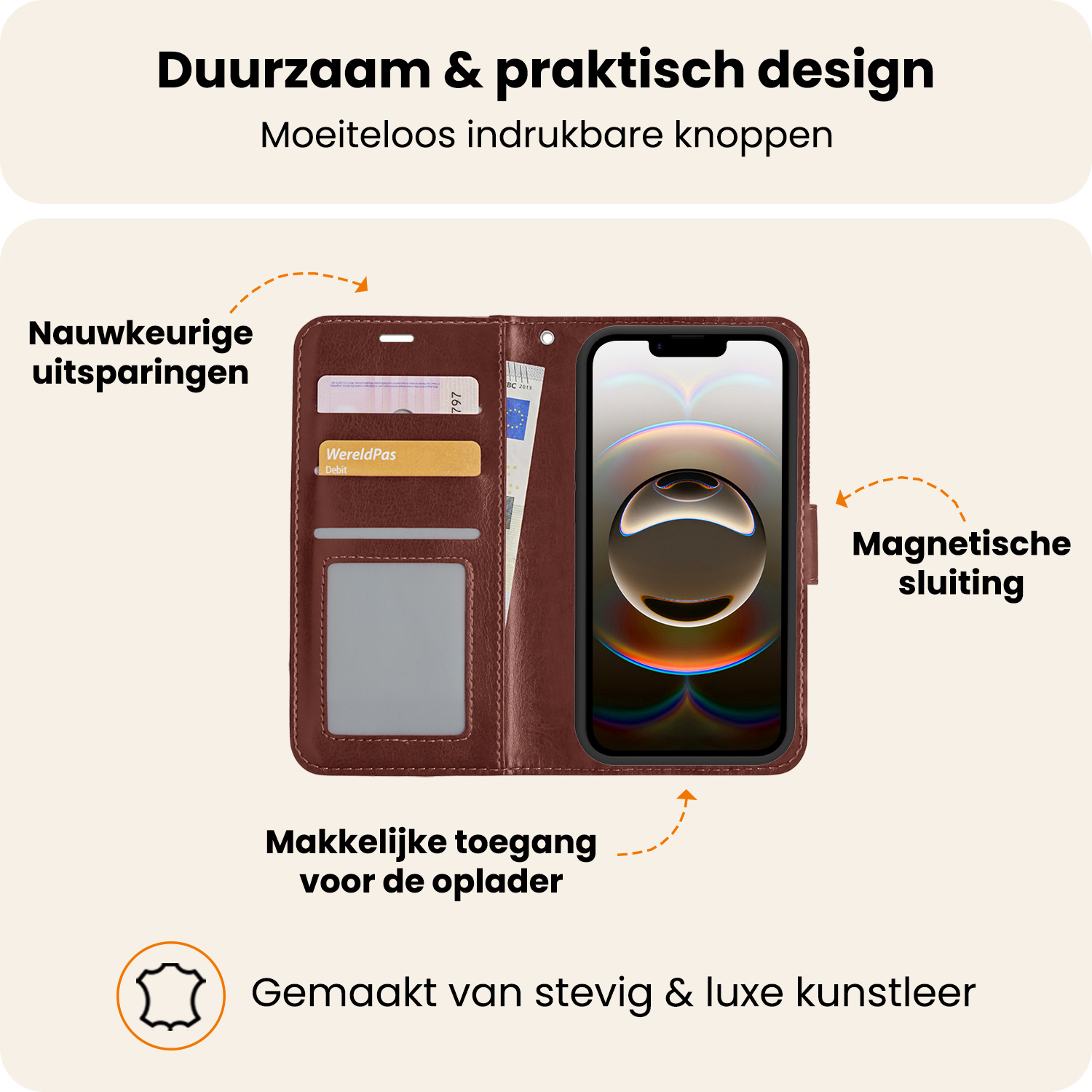 Nomfy Nomfy iPhone 16E Hoesje Bookcase Met Screenprotector - Bruin