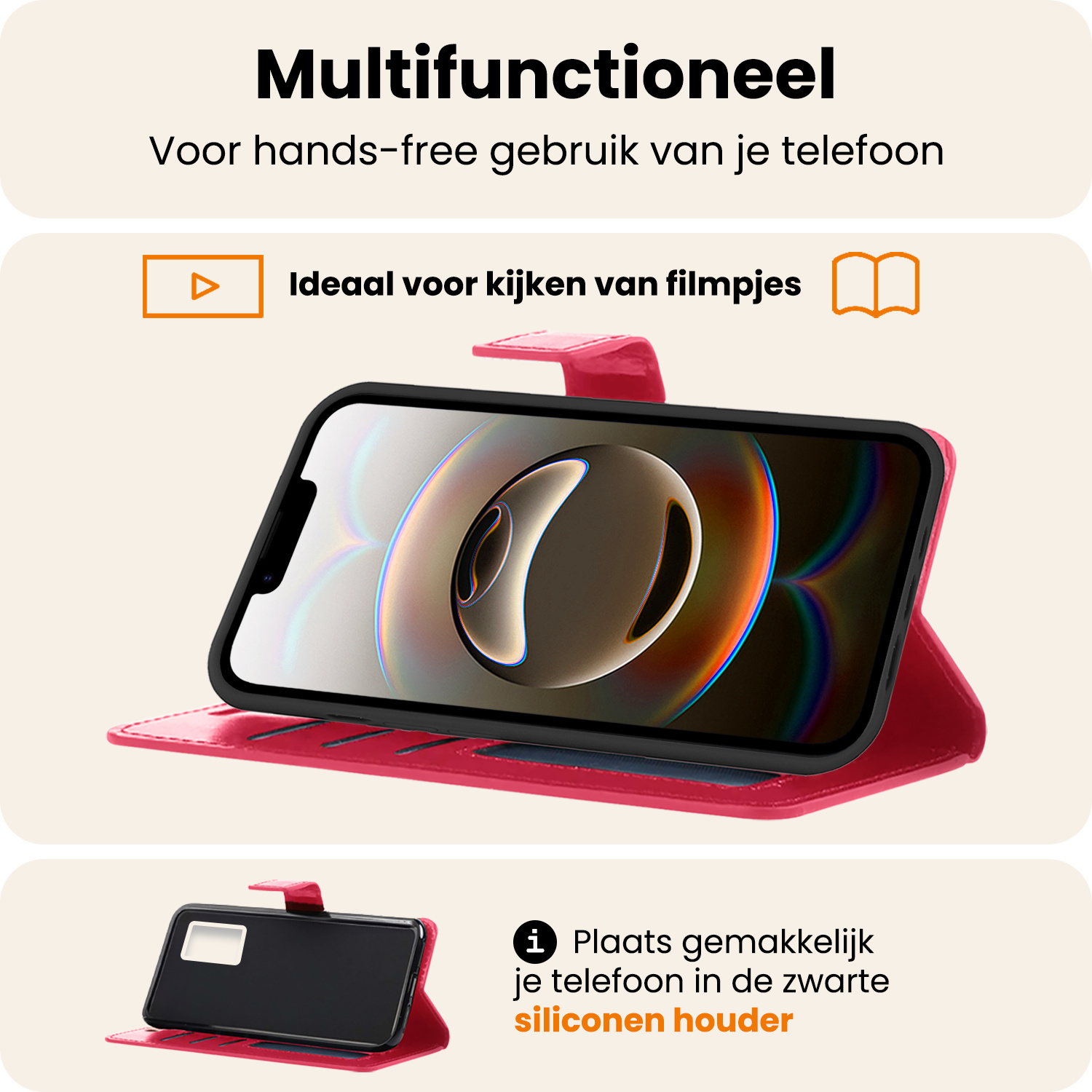 Nomfy Nomfy iPhone 16E Hoesje Bookcase Met Screenprotector - Donkerroze