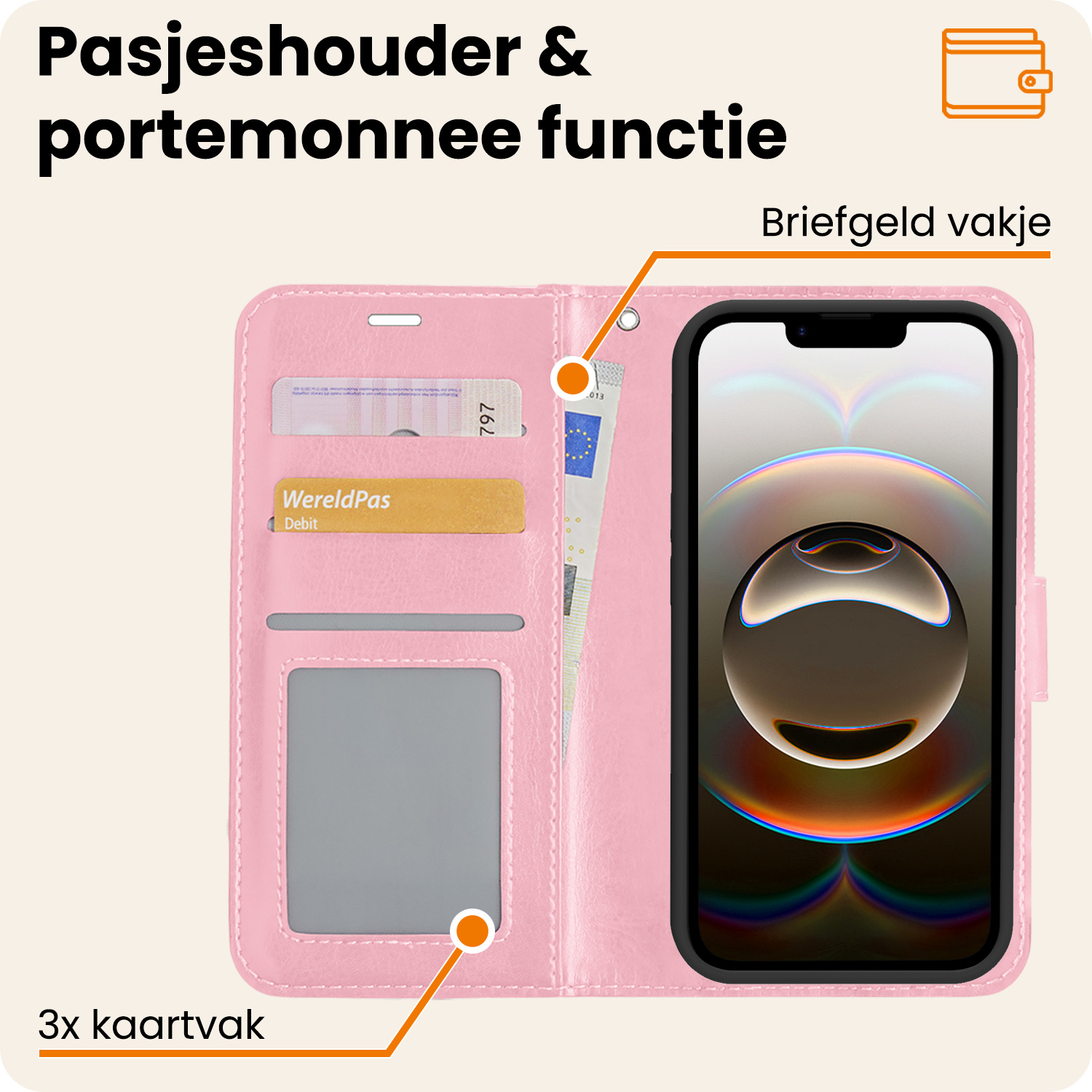 Nomfy Nomfy iPhone 16E Hoesje Bookcase Met Screenprotector - Lichtroze