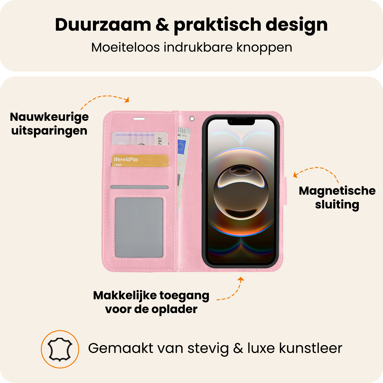 Nomfy Nomfy iPhone 16E Hoesje Bookcase Met Screenprotector - Lichtroze