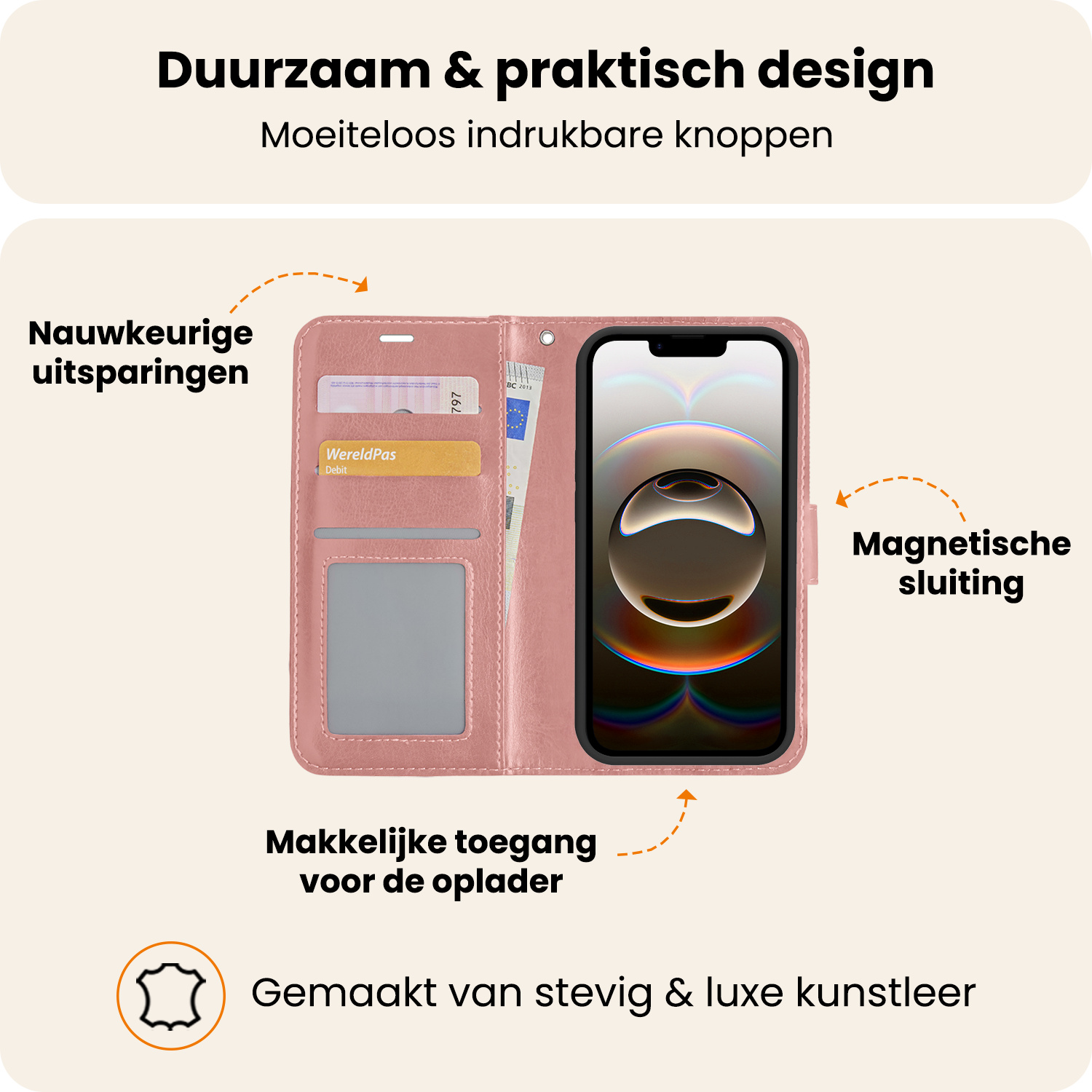 Nomfy Nomfy iPhone 16E Hoesje Bookcase Met Screenprotector - Rose Goud