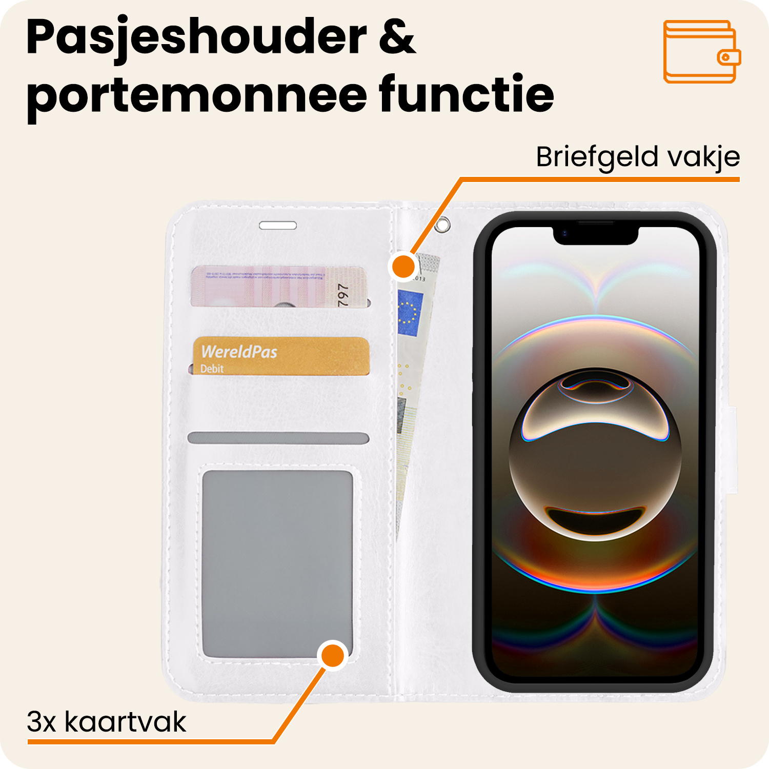 Nomfy Nomfy iPhone 16E Hoesje Bookcase Met Screenprotector - Wit