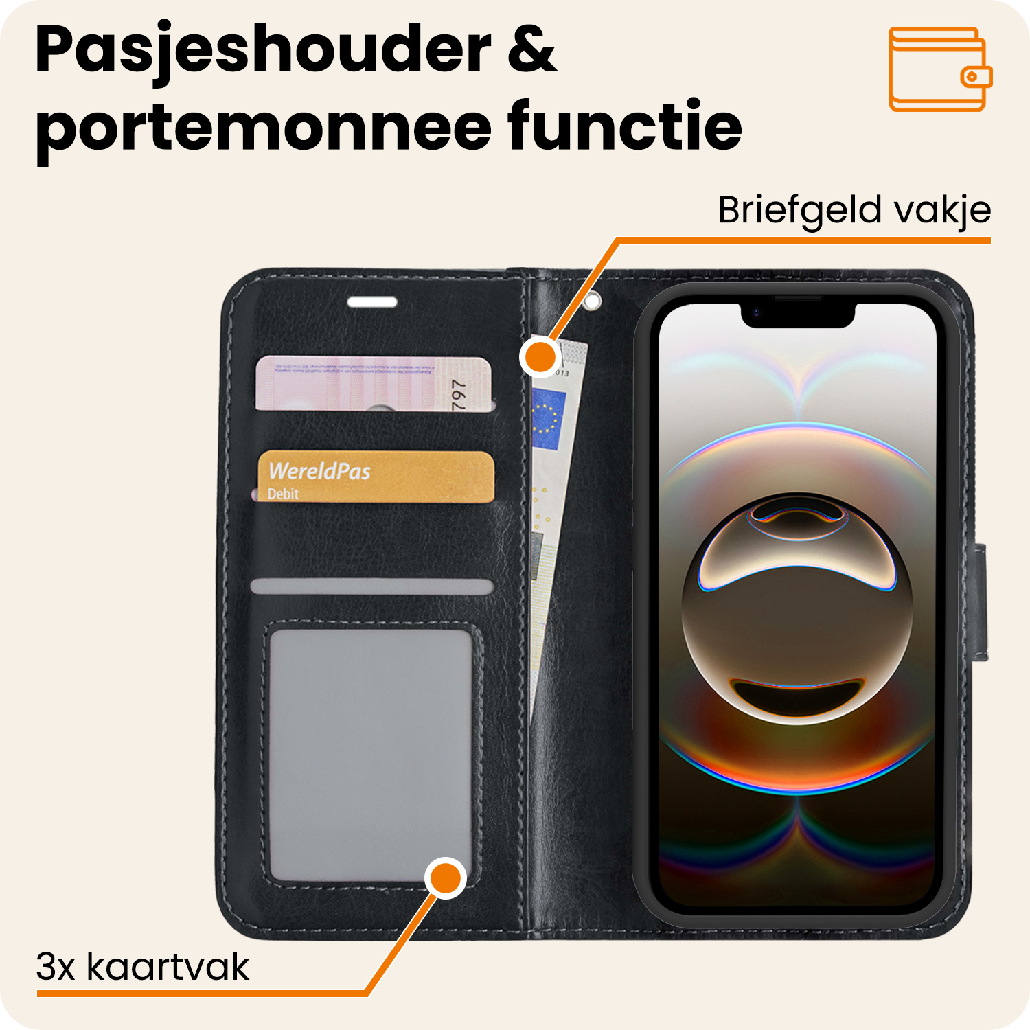 Nomfy Nomfy iPhone 16E Hoesje Bookcase Met Screenprotector - Zwart