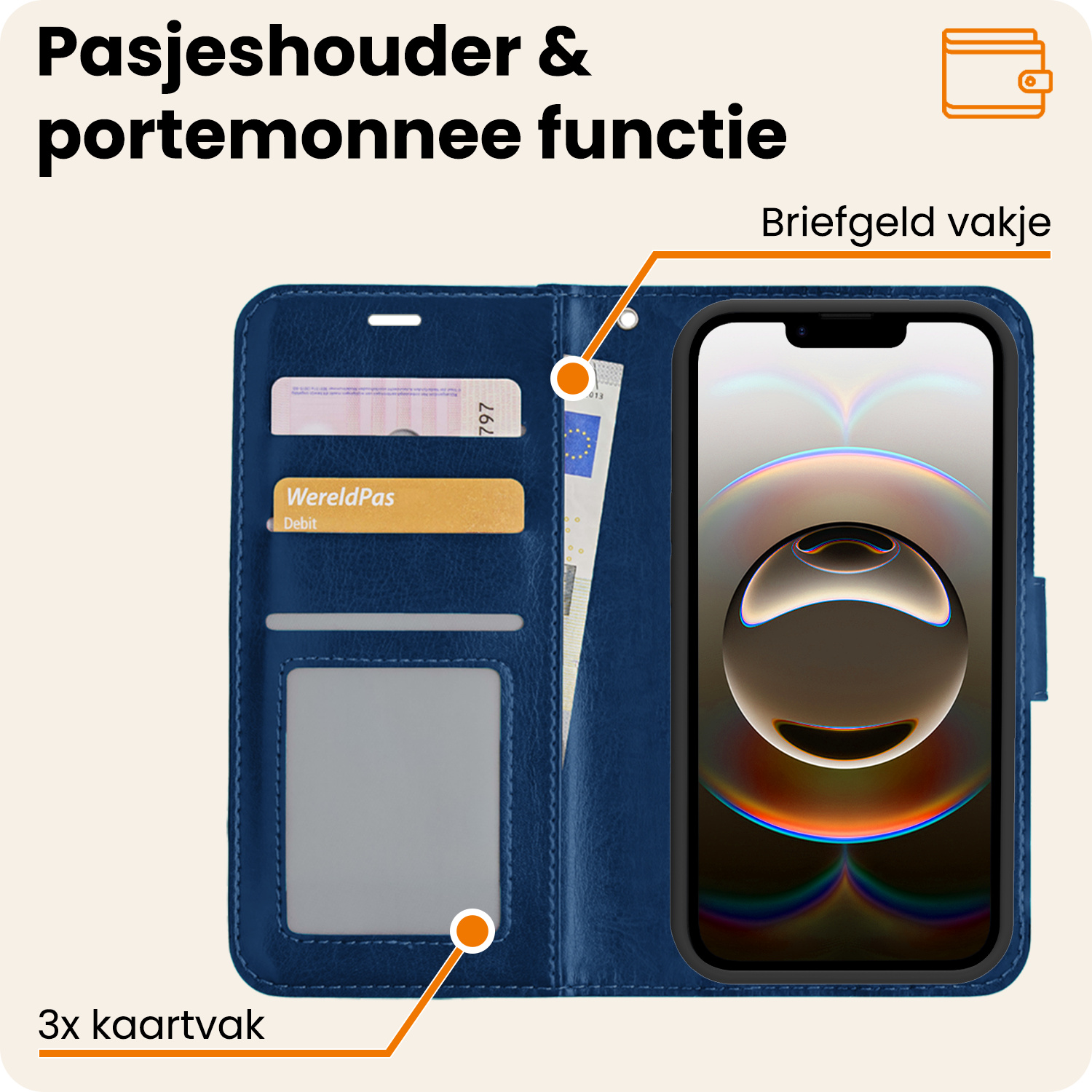 Nomfy Nomfy iPhone 16E Hoesje Bookcase Met 2x Screenprotector - Donkerblauw