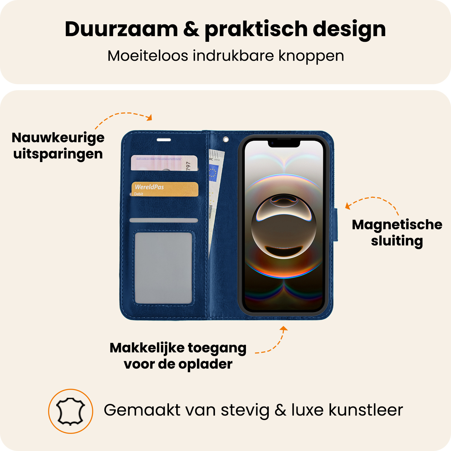 Nomfy Nomfy iPhone 16E Hoesje Bookcase Met 2x Screenprotector - Donkerblauw