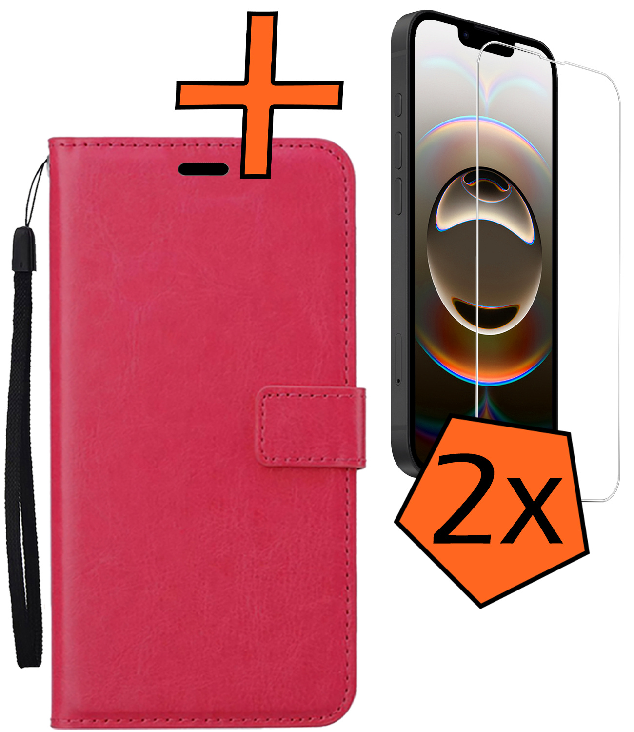 Nomfy Nomfy iPhone 16E Hoesje Bookcase Met 2x Screenprotector - Donkerroze