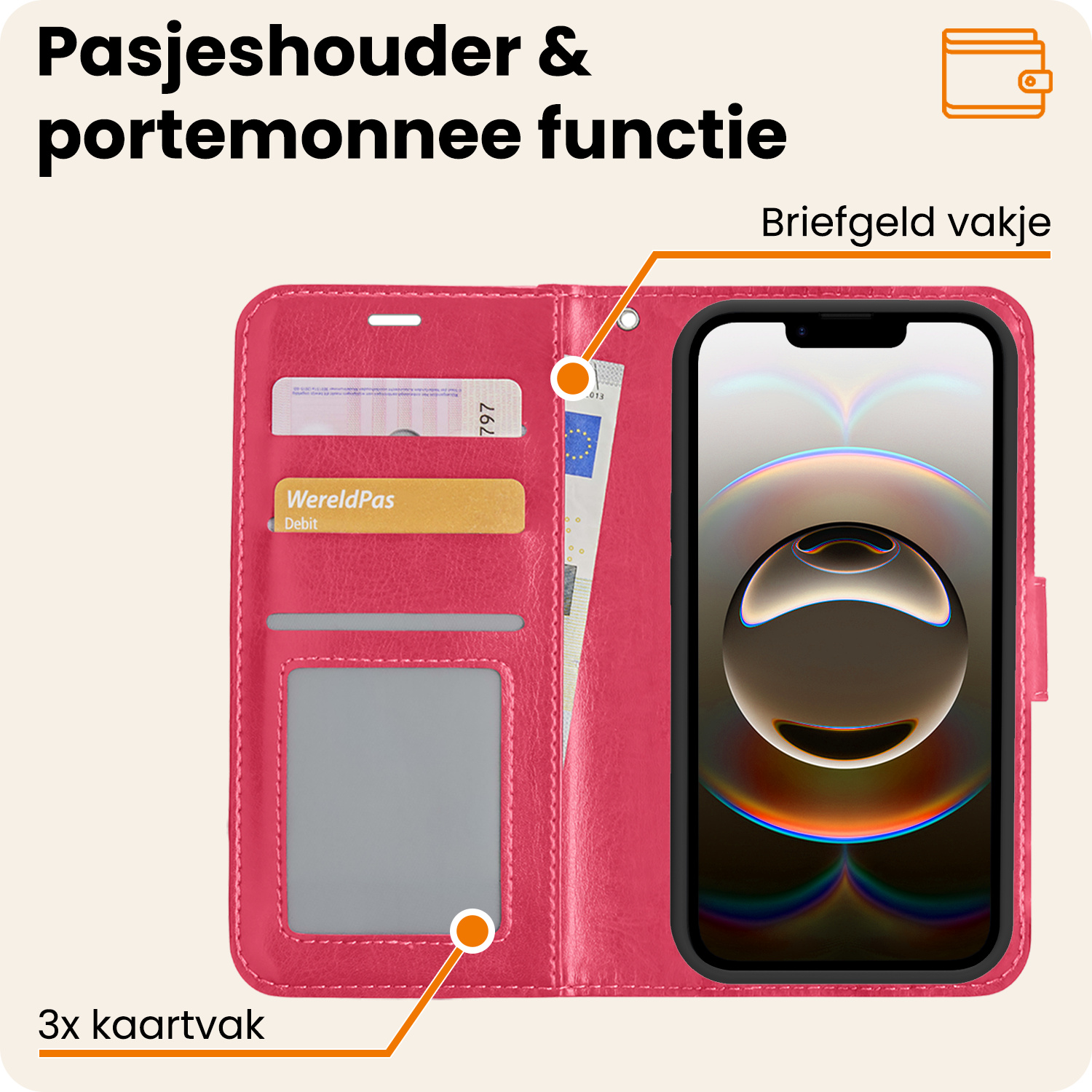 Nomfy Nomfy iPhone 16E Hoesje Bookcase Met 2x Screenprotector - Donkerroze