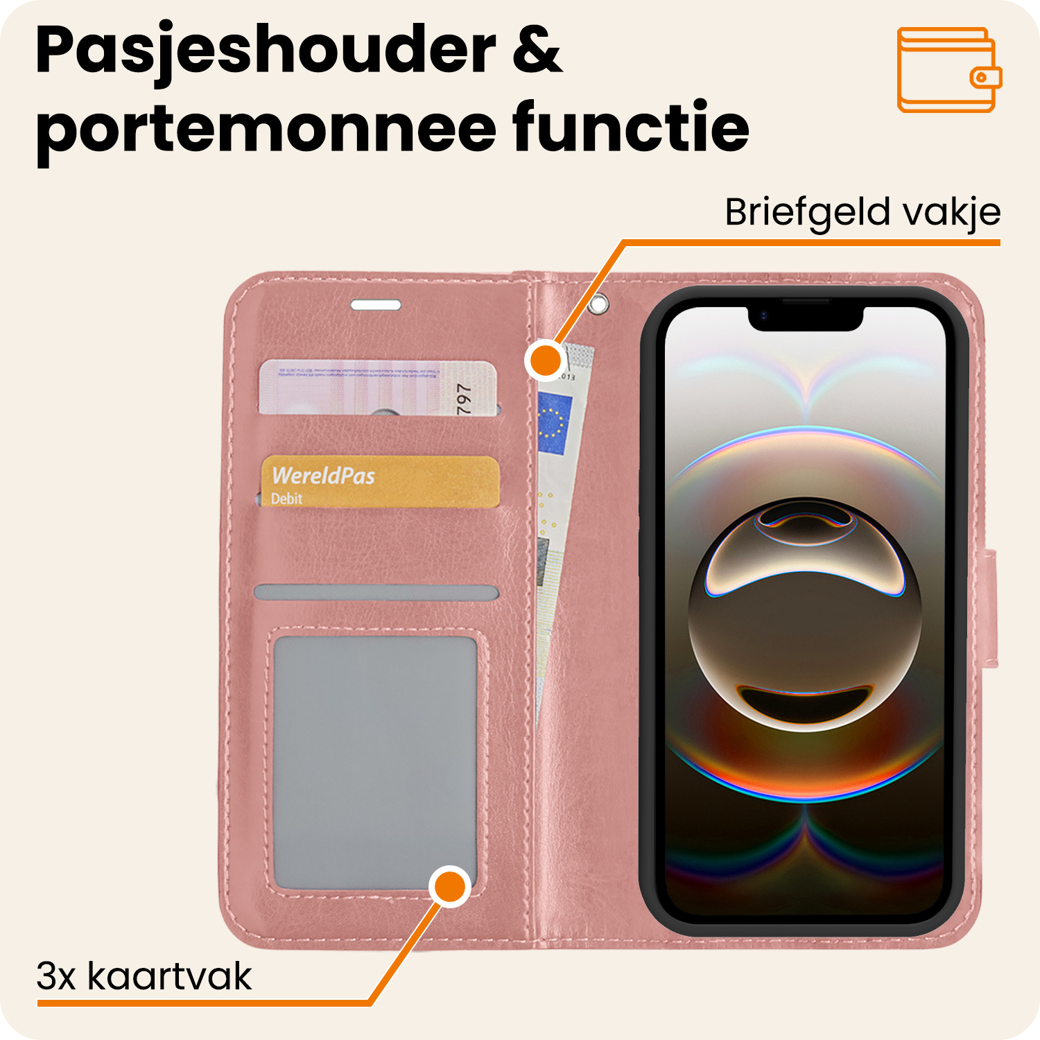 Nomfy Nomfy iPhone 16E Hoesje Bookcase Met 2x Screenprotector - Rose Goud