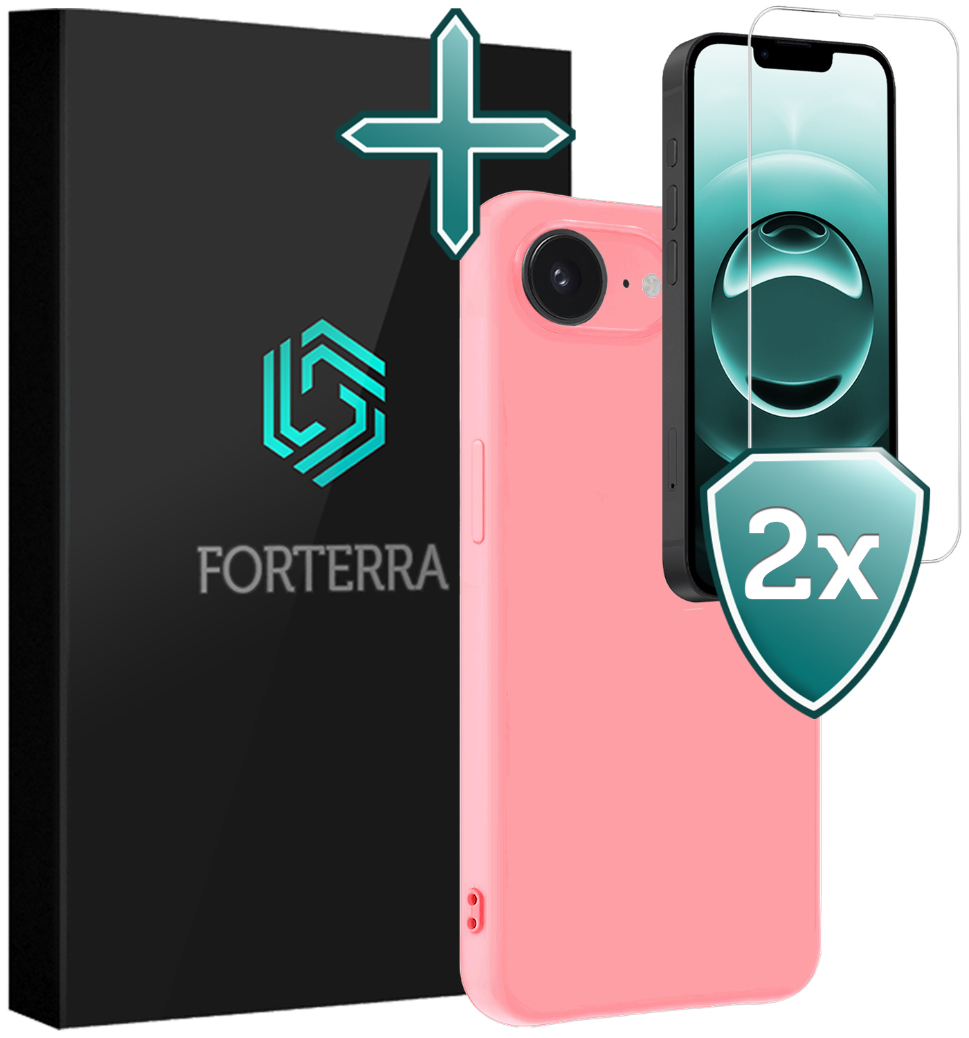 Forterra Forterra iPhone 16E Hoesje Siliconen Met 2x Screenprotector Met Dichte Notch - Lichtroze
