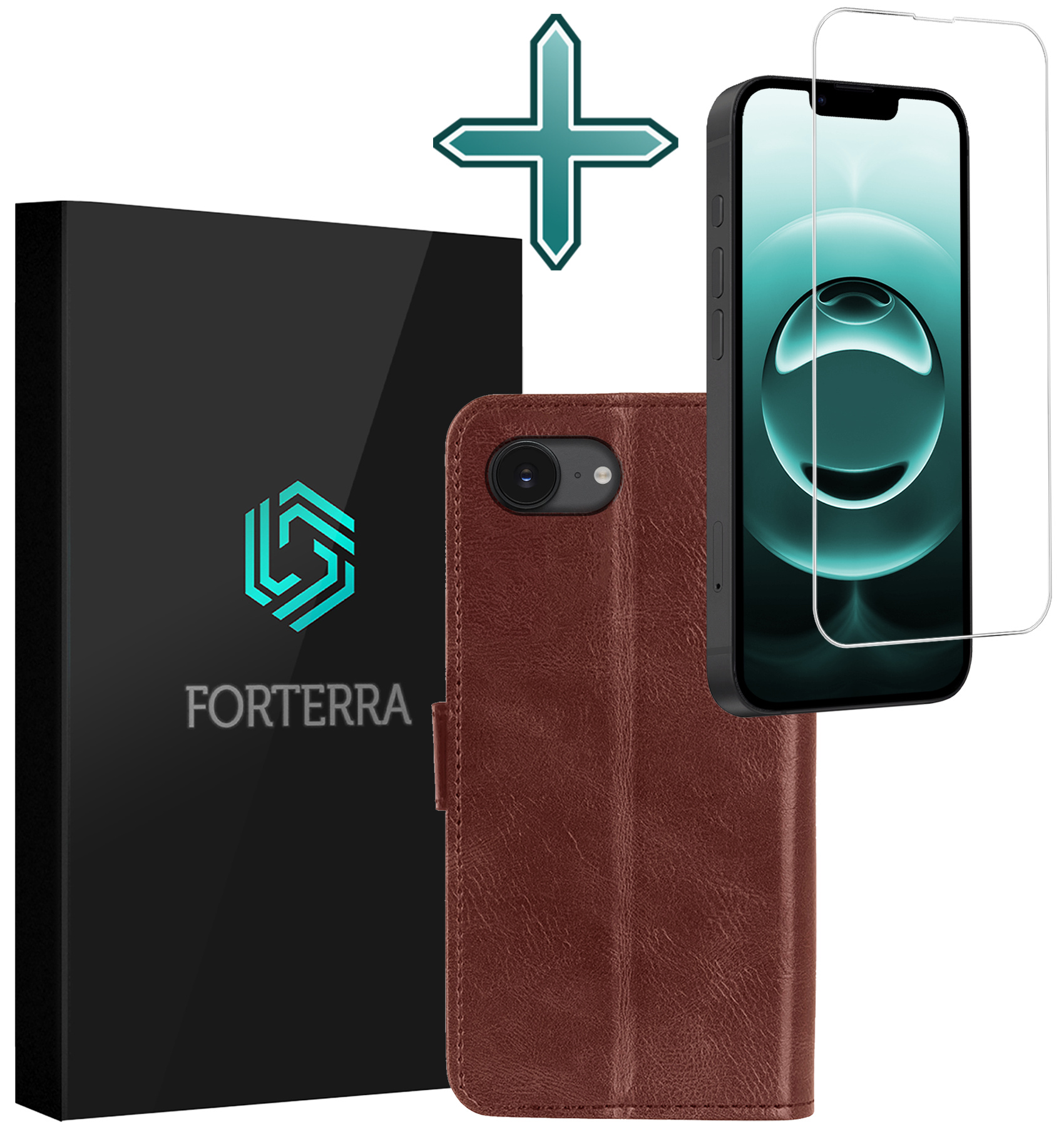 Forterra Forterra iPhone 16E Hoesje Bookcase Met Screenprotector - Bruin