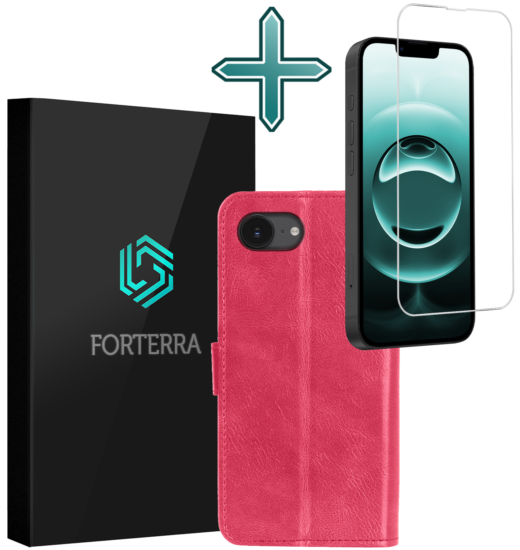 Forterra Forterra iPhone 16E Hoesje Bookcase Met Screenprotector - Donkerroze