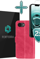 Forterra Forterra iPhone 16E Hoesje Bookcase Met 2x Screenprotector - Donkerroze