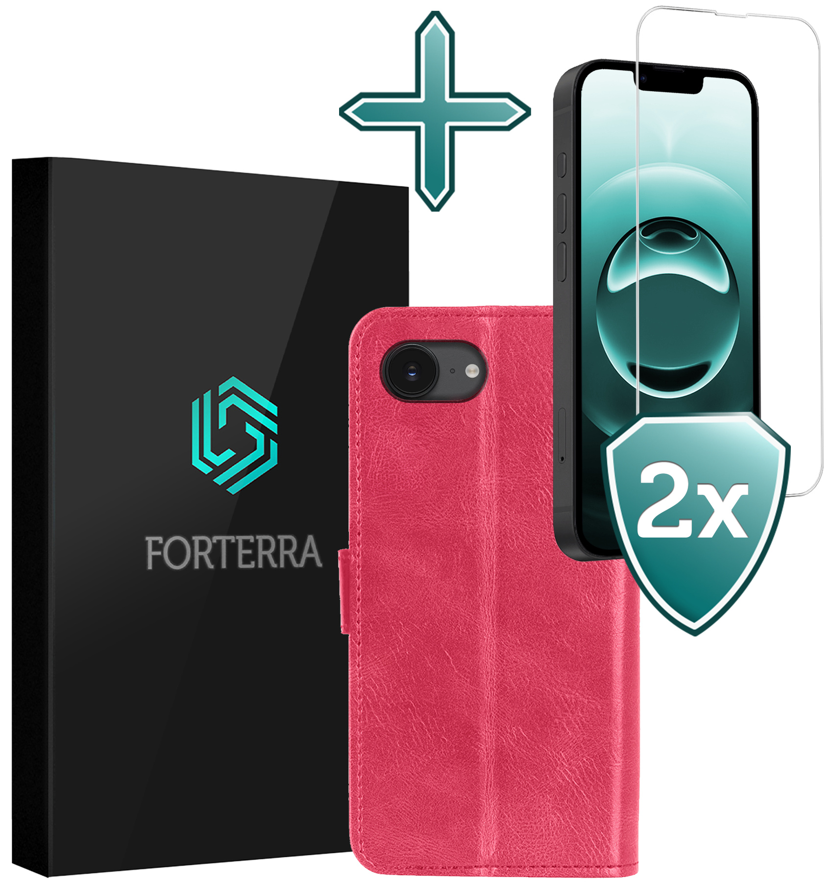 Forterra Forterra iPhone 16E Hoesje Bookcase Met 2x Screenprotector - Donkerroze