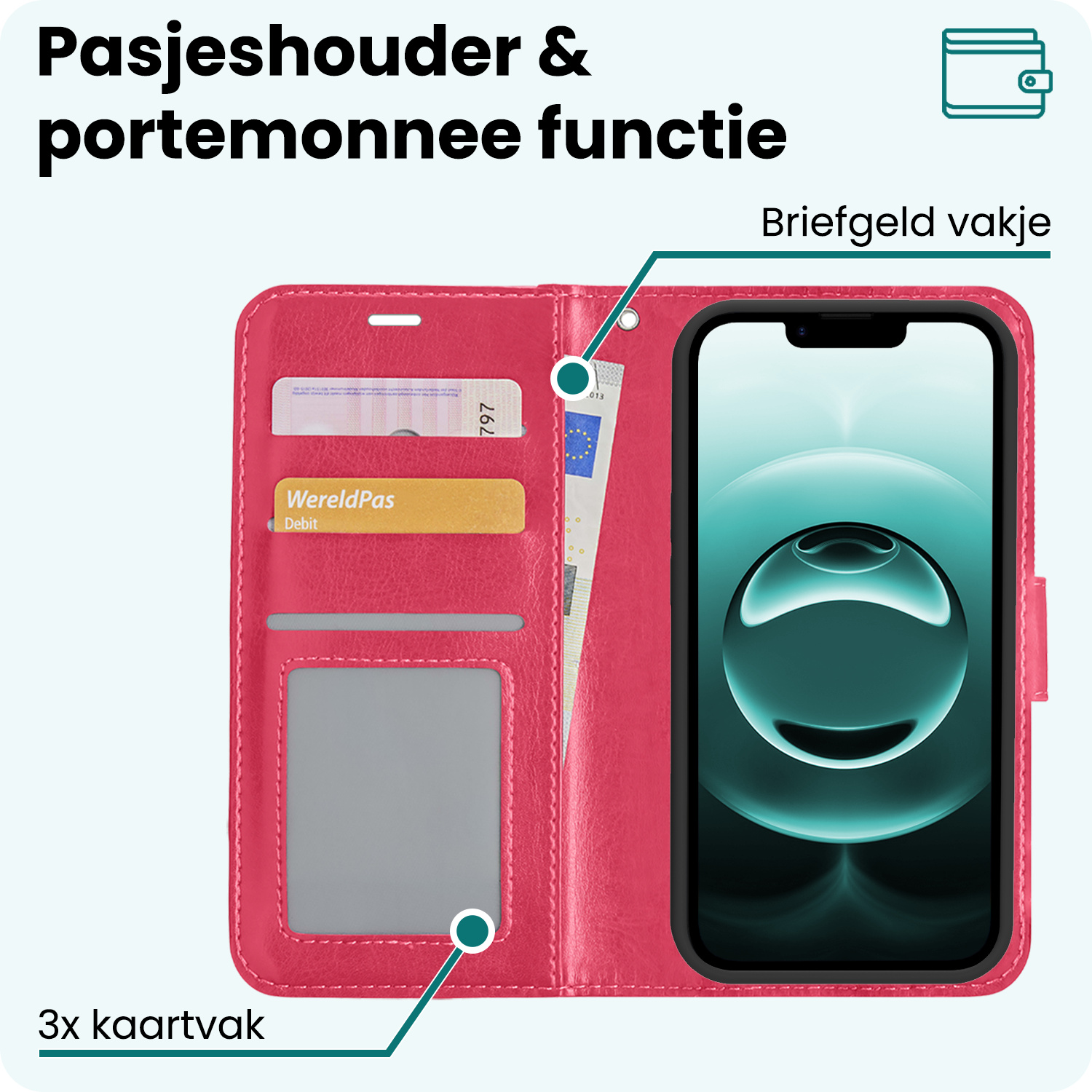 Forterra Forterra iPhone 16E Hoesje Bookcase Met 2x Screenprotector - Donkerroze
