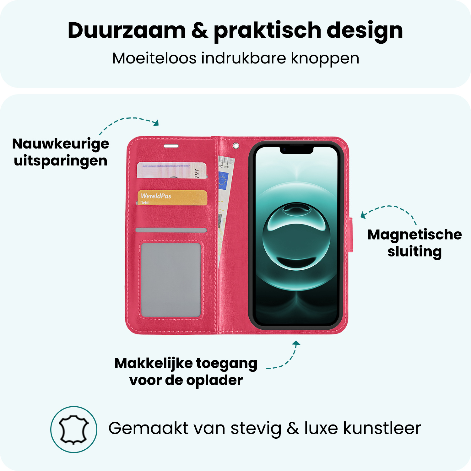 Forterra Forterra iPhone 16E Hoesje Bookcase Met 2x Screenprotector - Donkerroze
