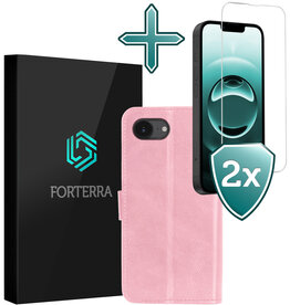 Forterra Forterra iPhone 16E Hoesje Bookcase Met 2x Screenprotector - Lichtroze