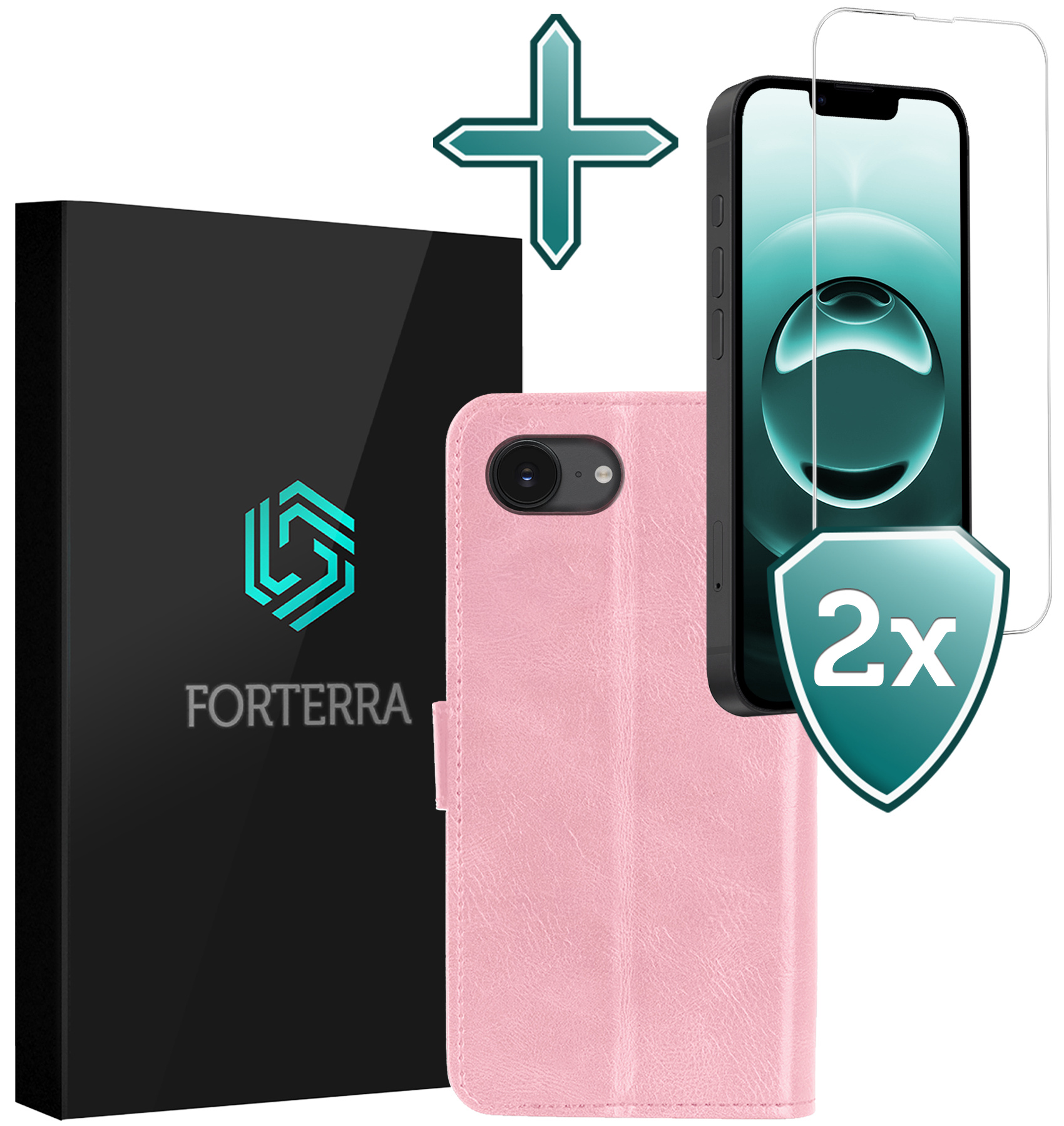 Forterra Forterra iPhone 16E Hoesje Bookcase Met 2x Screenprotector - Lichtroze