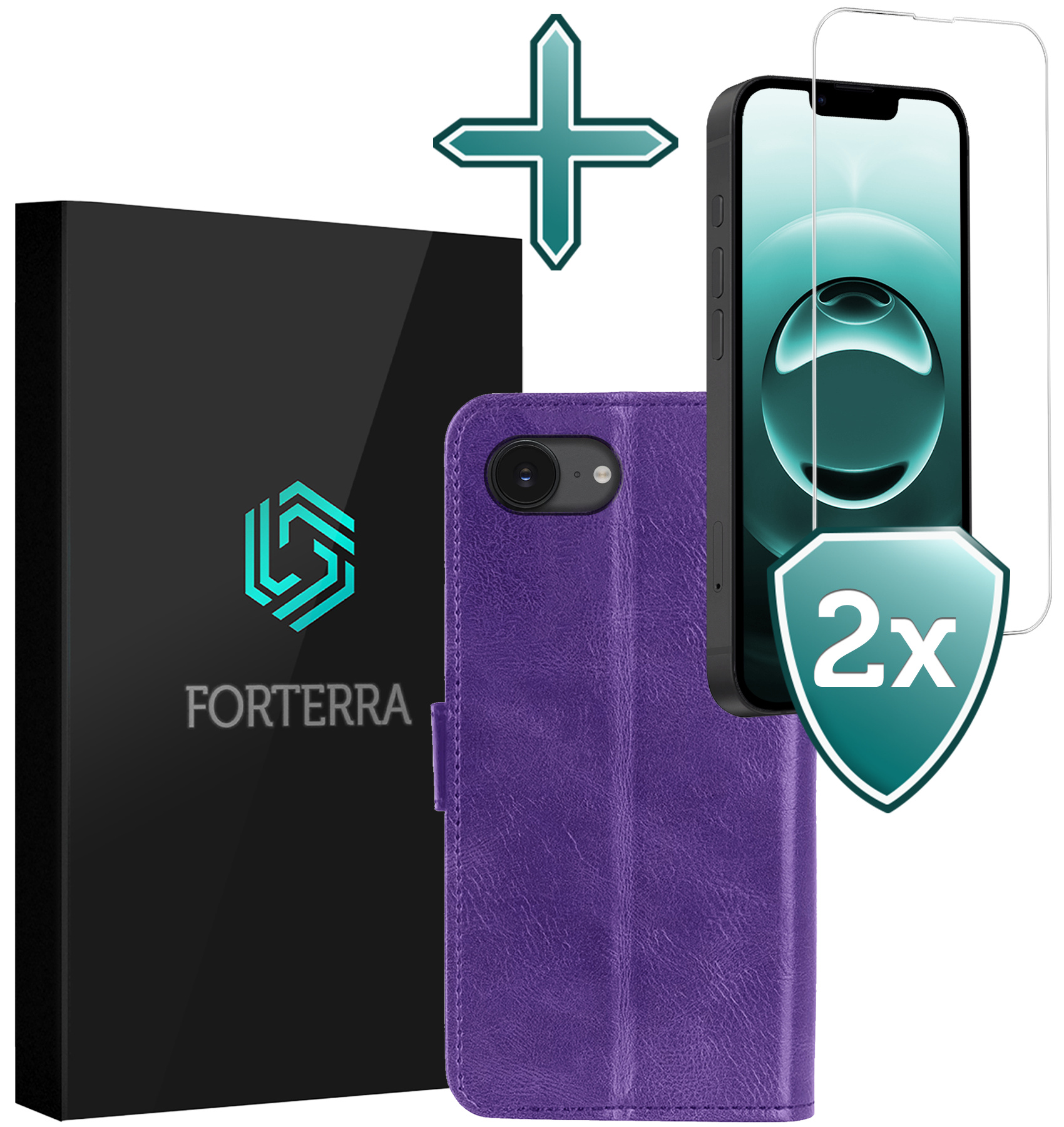 Forterra Forterra iPhone 16E Hoesje Bookcase Met 2x Screenprotector - Paars