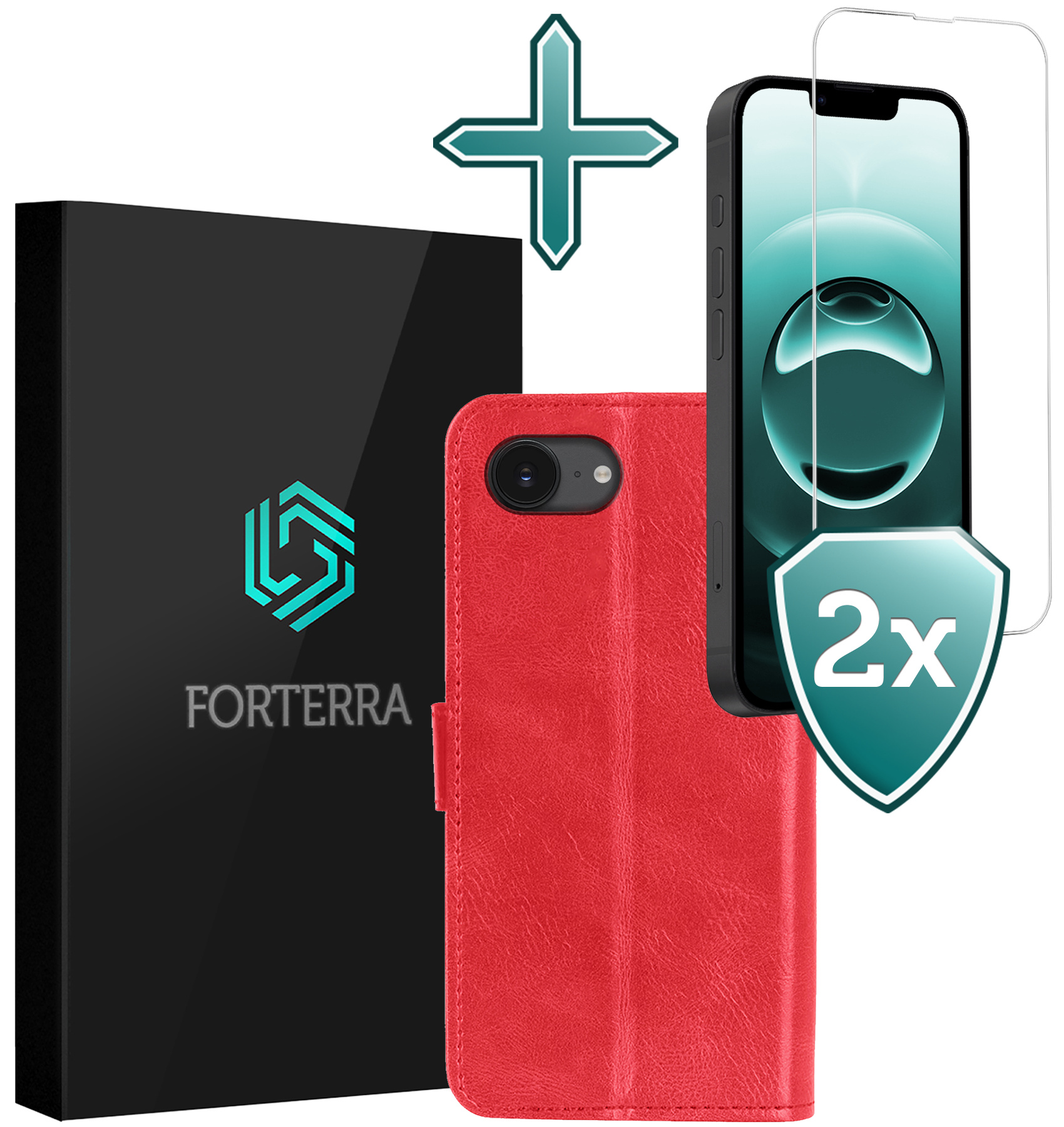 Forterra Forterra iPhone 16E Hoesje Bookcase Met 2x Screenprotector - Rood