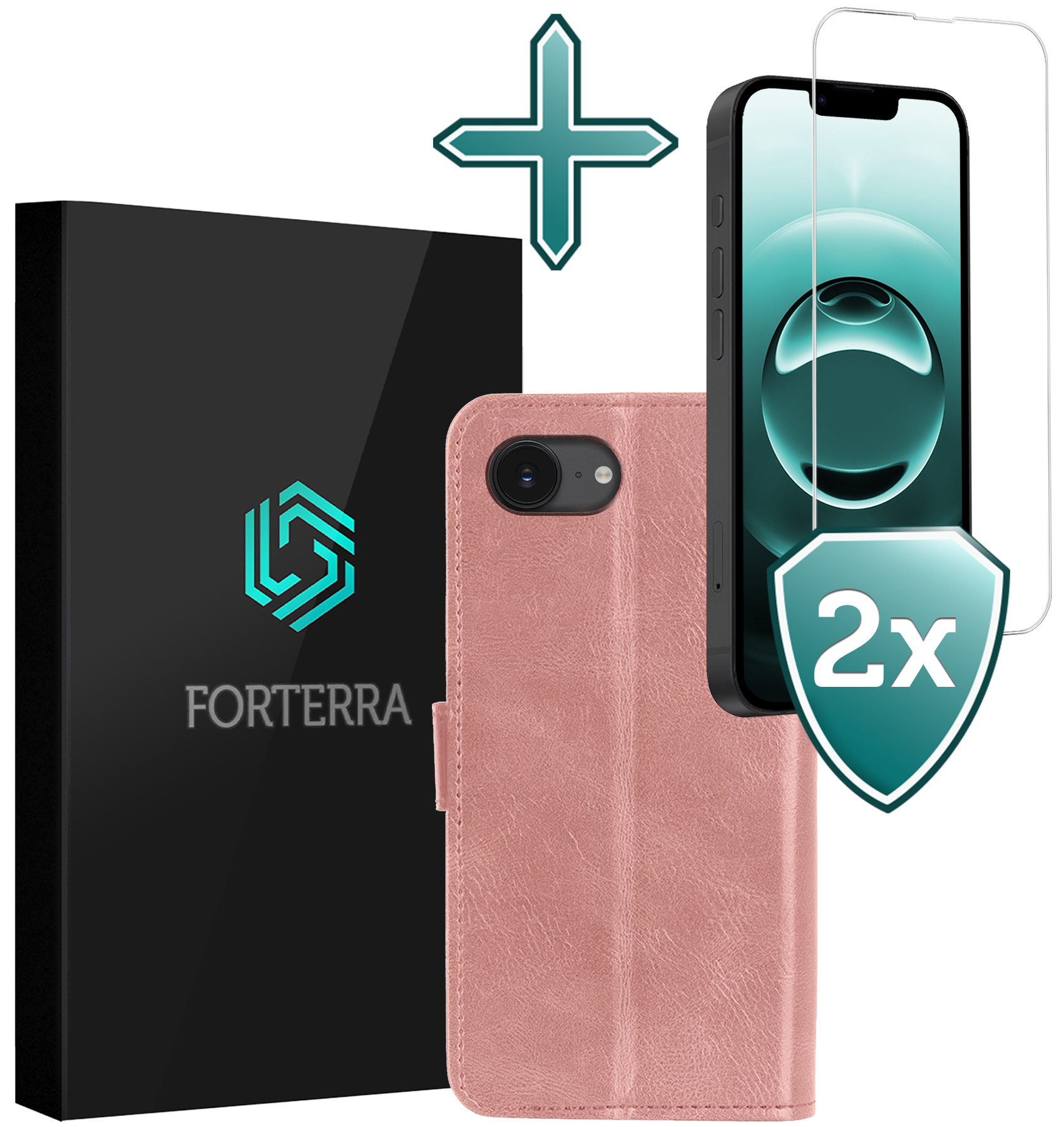 Forterra Forterra iPhone 16E Hoesje Bookcase Met 2x Screenprotector - Rose Goud