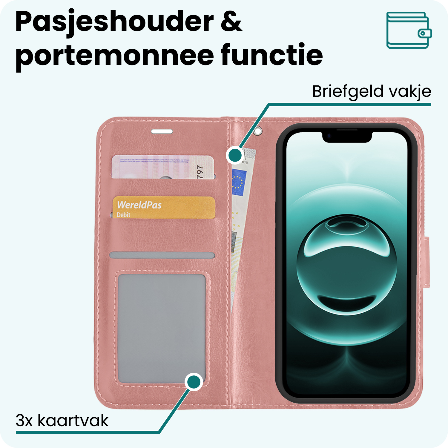 Forterra Forterra iPhone 16E Hoesje Bookcase Met 2x Screenprotector - Rose Goud